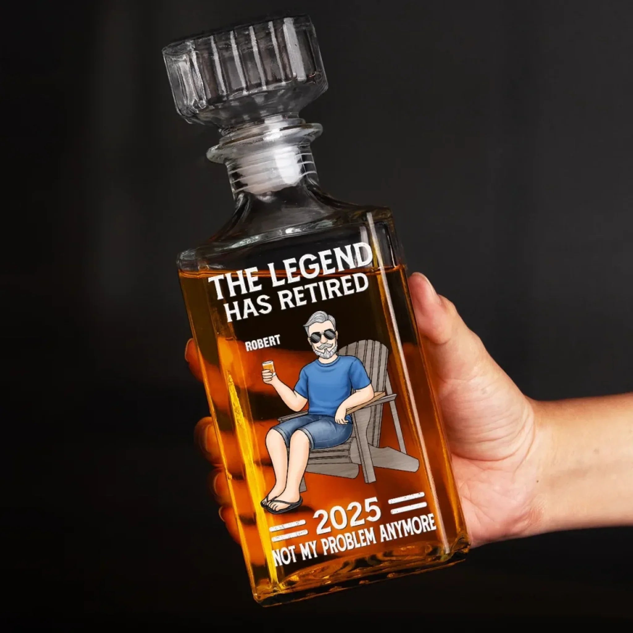 Off The Clock On The Rocks - Family Personalized Custom Glass Whiskey Bottle - Father's Day, Gift For Dad, Grandpa