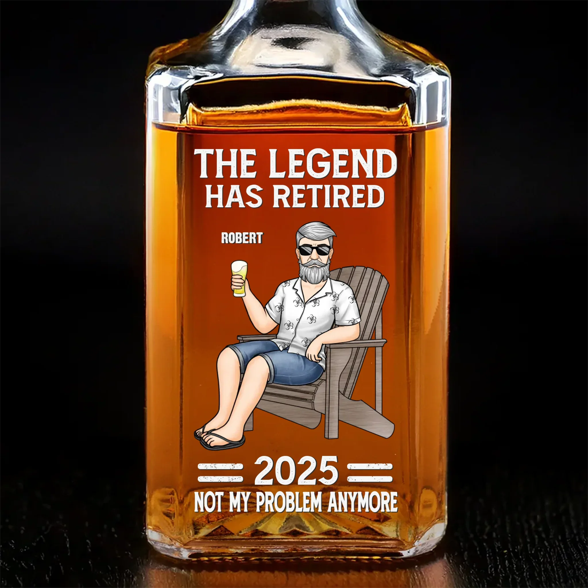 Off The Clock On The Rocks - Family Personalized Custom Glass Whiskey Bottle - Father's Day, Gift For Dad, Grandpa