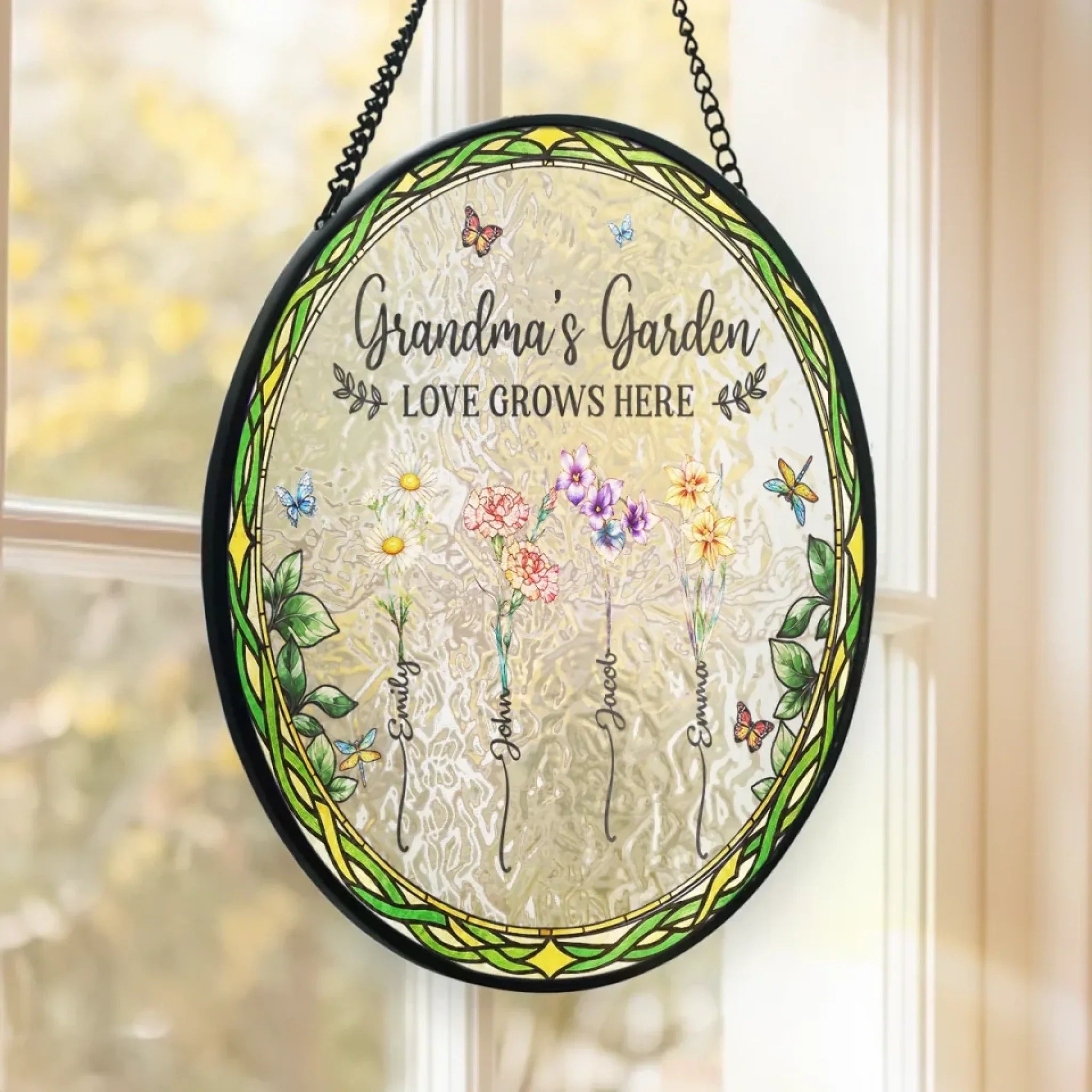 Petals Whisper Her Kindness - Family Personalized Custom Stained Glass Window Hanging Suncatcher - Mother's Day, Gift For Mom, Grandma