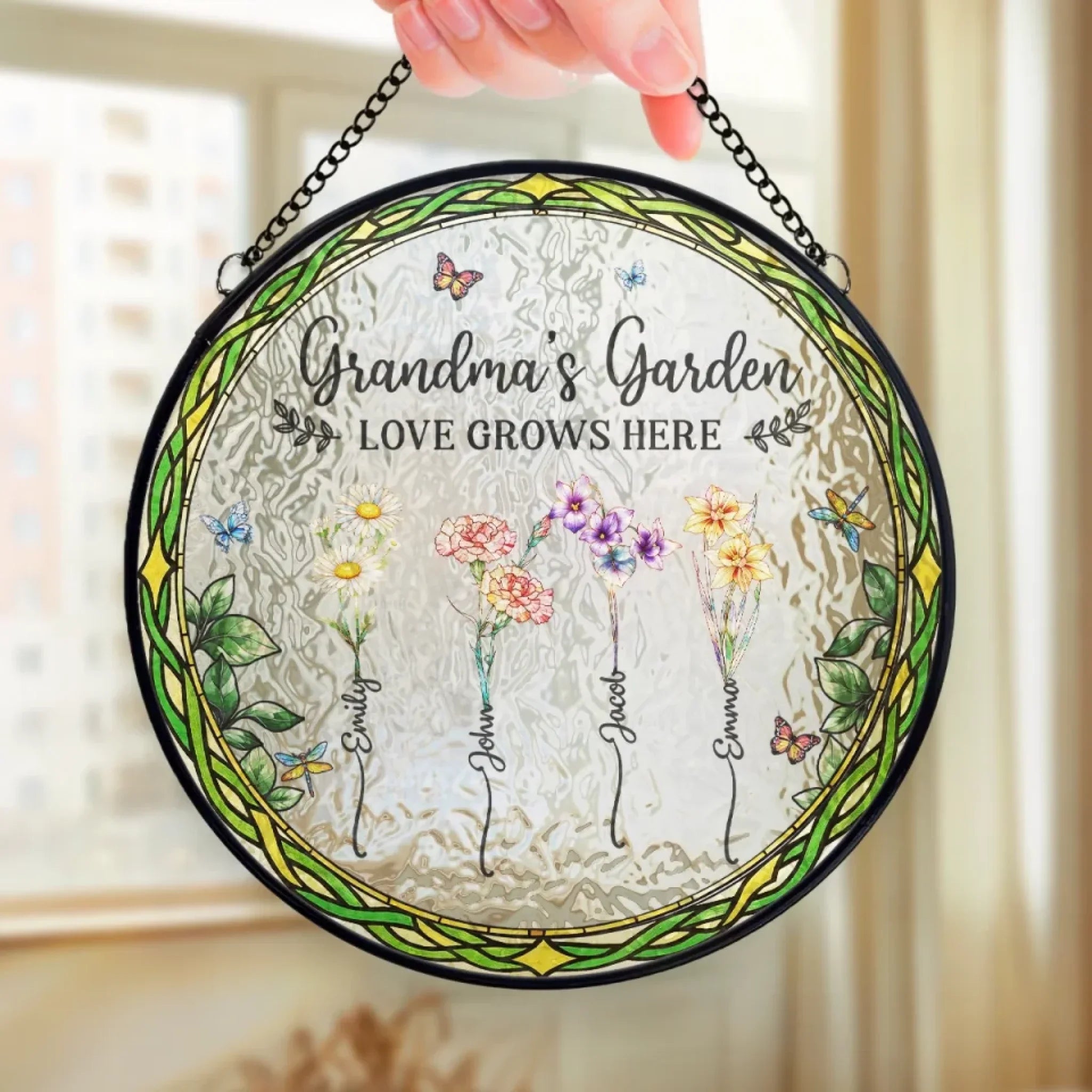 Petals Whisper Her Kindness - Family Personalized Custom Stained Glass Window Hanging Suncatcher - Mother's Day, Gift For Mom, Grandma