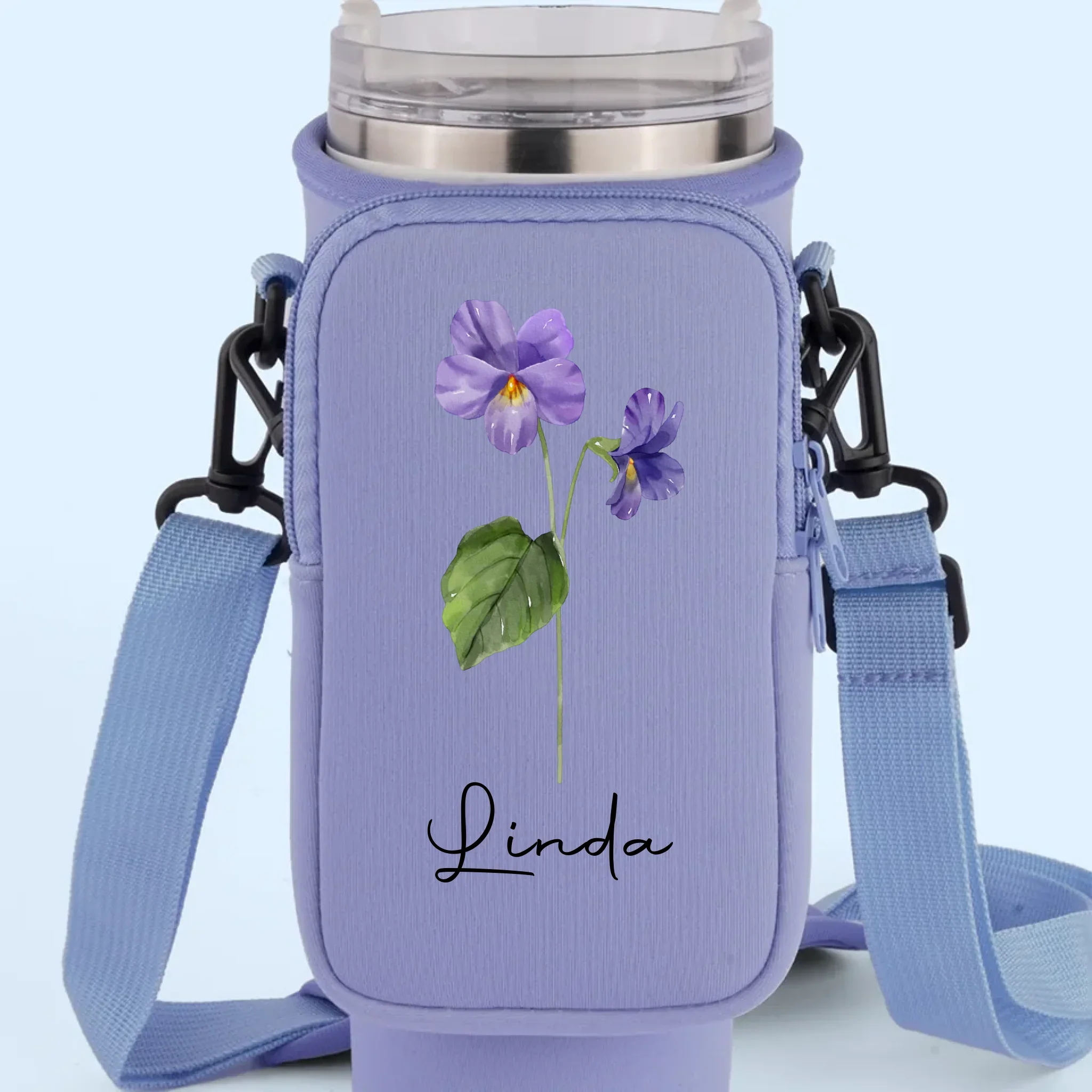 Bloom With Grace - Family Personalized Custom Neoprene Water Bottle Carrier With Pocket - Gift For Yourself, Best Friends, Siblings, Family Members