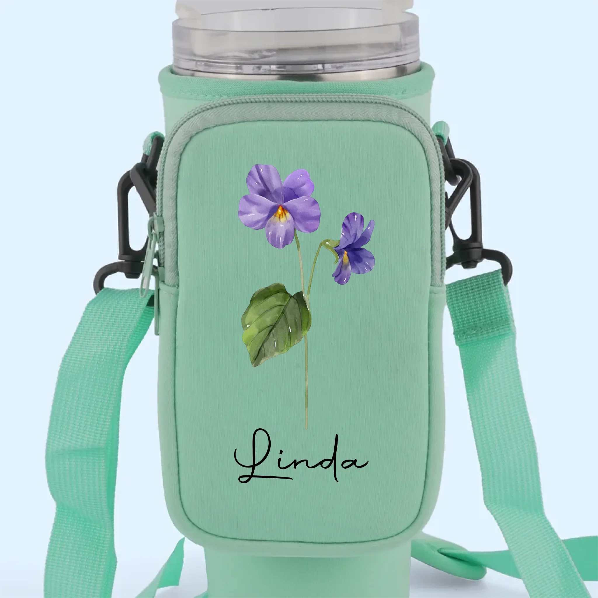 Bloom With Grace - Family Personalized Custom Neoprene Water Bottle Carrier With Pocket - Gift For Yourself, Best Friends, Siblings, Family Members
