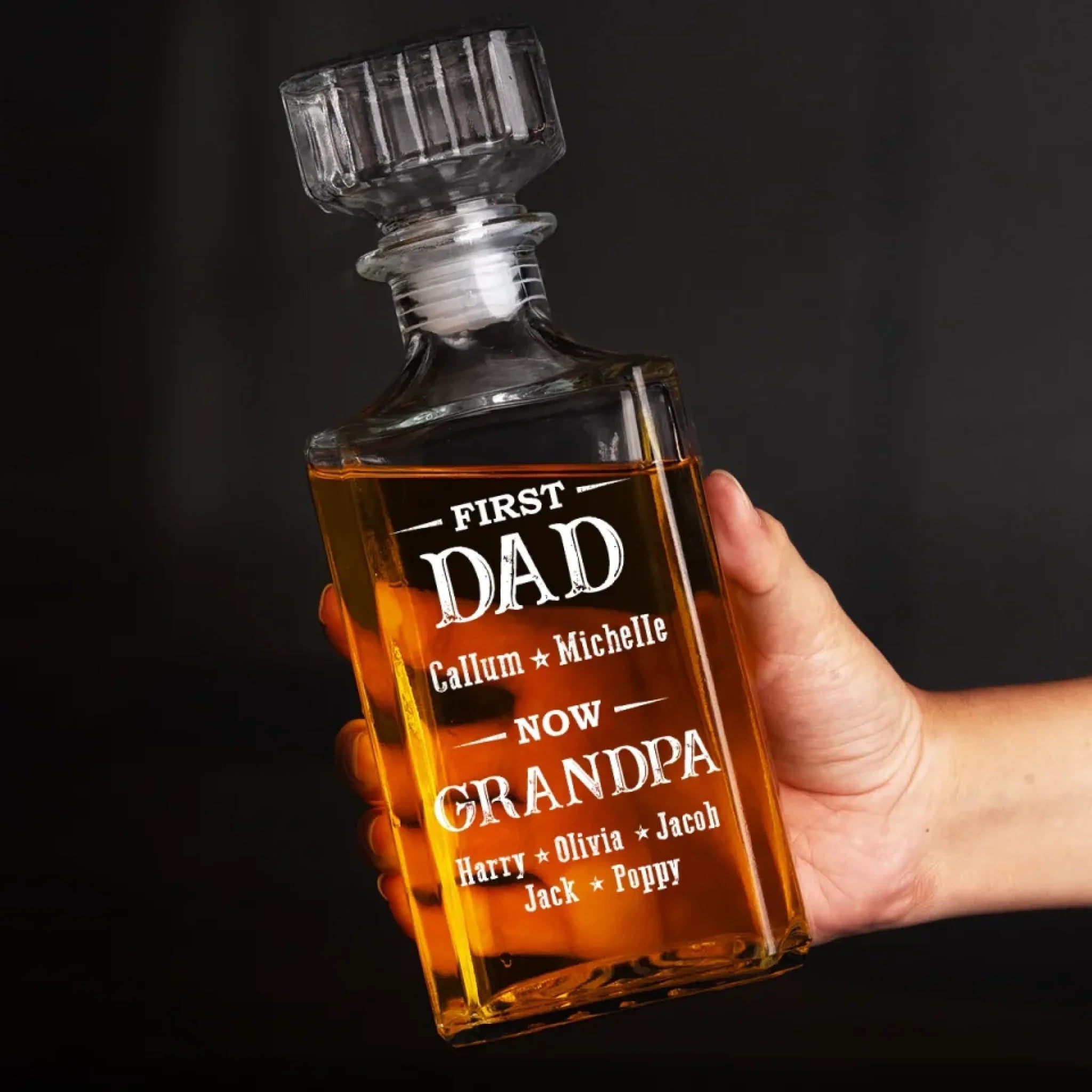 Raising Kids, Raising Glasses - Family Personalized Custom Glass Whiskey Bottle - Father's Day, Gift For Dad, Grandpa