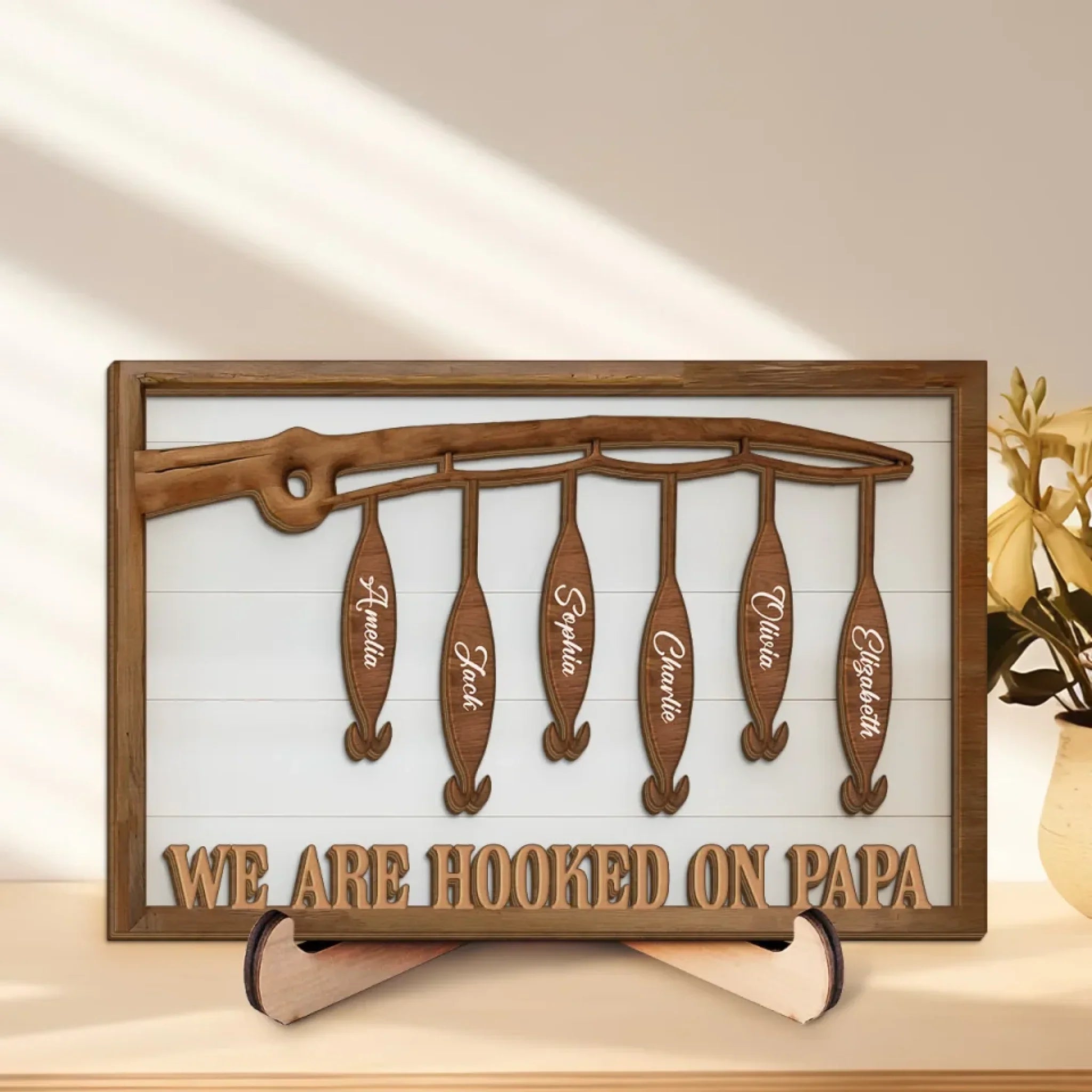 We Are Hooked On You - Family Personalized Custom 2-Layered Wooden Plaque With Stand - Father's Day, Gift For Dad, Grandpa, Sport Lovers, Sport Players