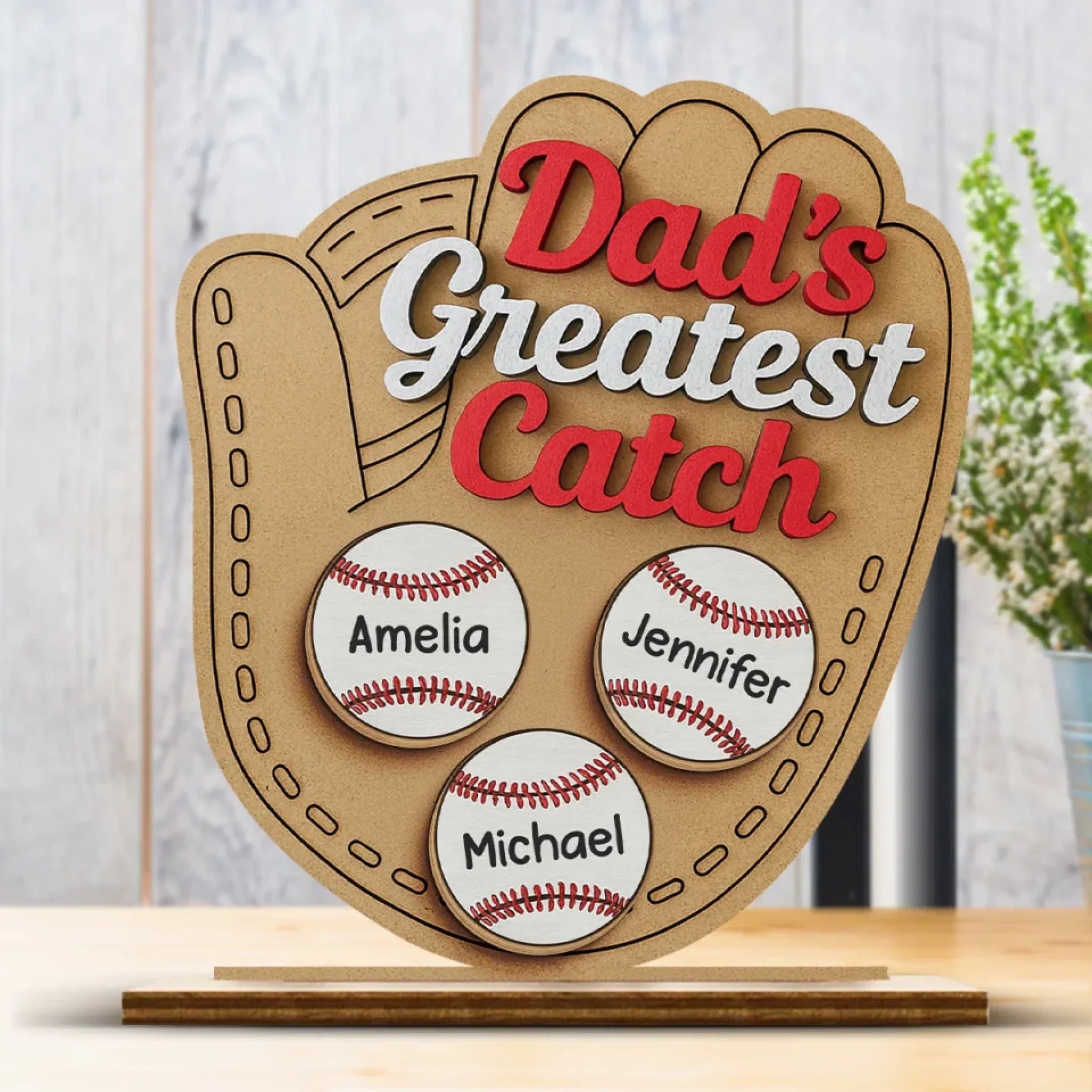 Dad's Greatest Catch - Family Personalized Custom Shaped 2-Layered Wooden Plaque With Flat Stand - Father's Day, House Warming Gift For Dad, Sport Lovers, Sport Players