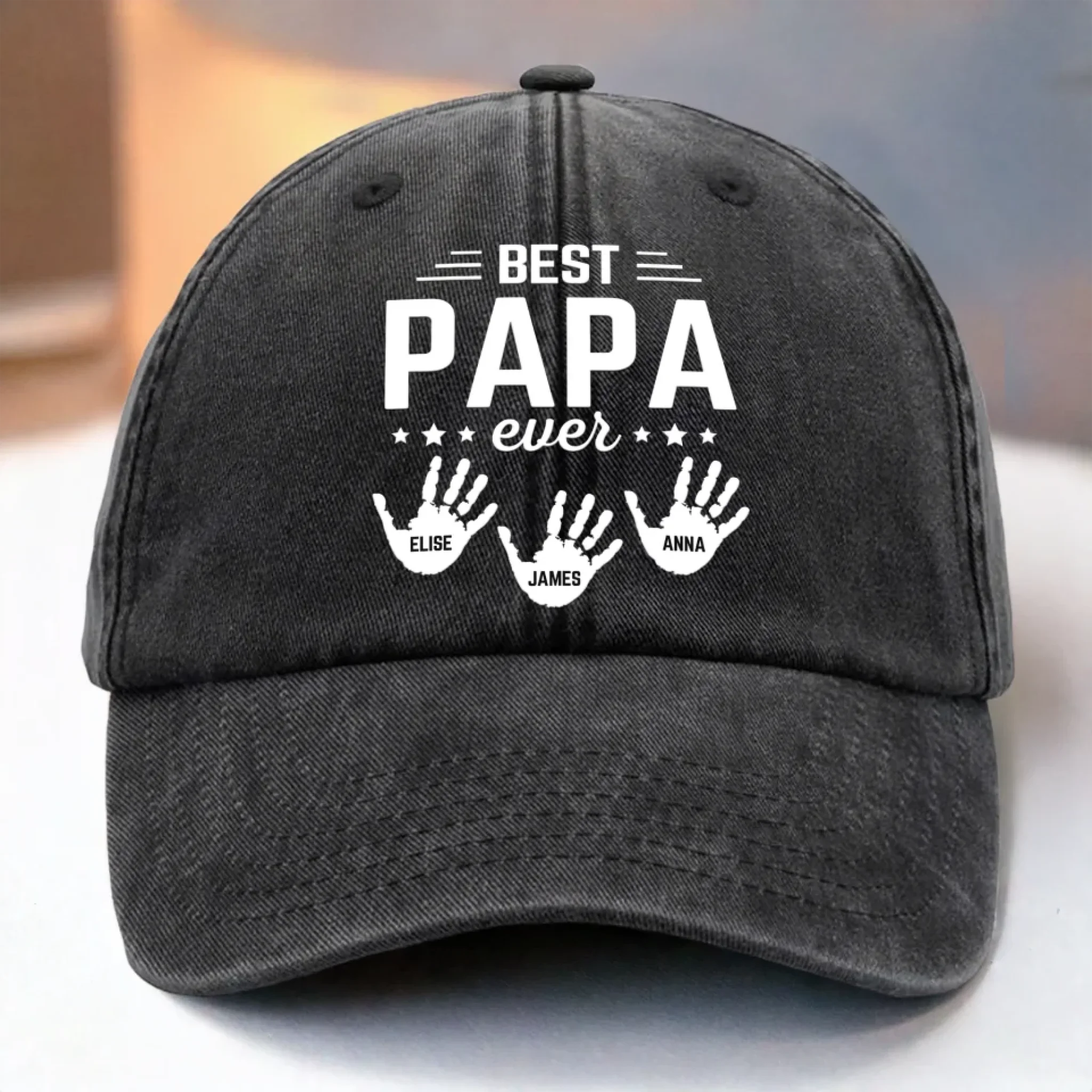 The Hands That Made Him Papa - Family Personalized Custom Vintage Washed Denim Baseball Cap - Father's Day, Gift For Dad, Grandpa