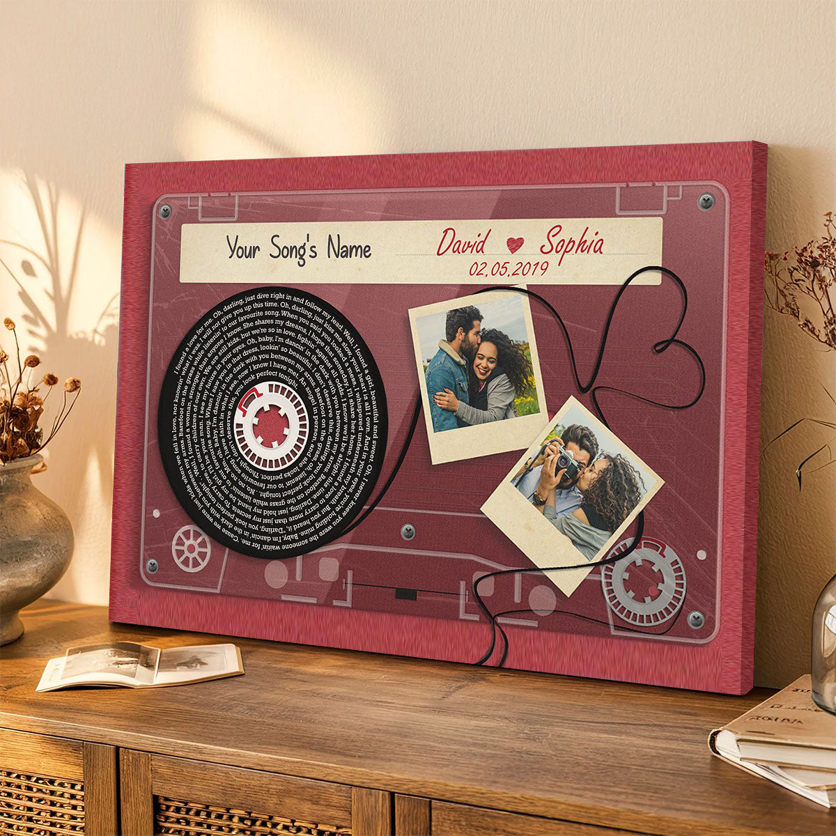Red Cassette Tape Song Lyrics Art Personalized Canvas, Anniversary Gift For Him, For Her, For The Couple