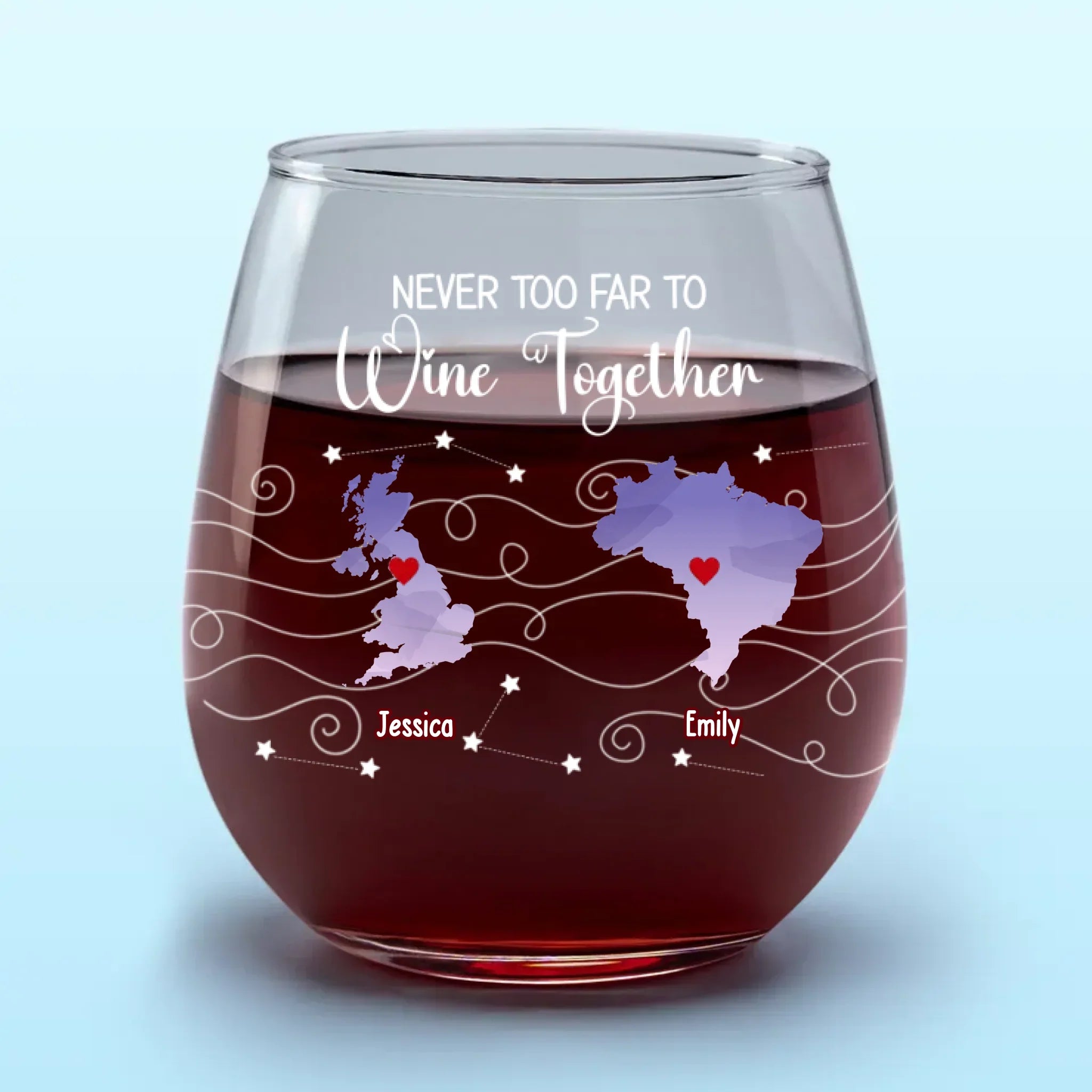 Never Too Far To Drink Together - Bestie Personalized Custom Wine Glass - Gift For Best Friends, BFF, Sisters