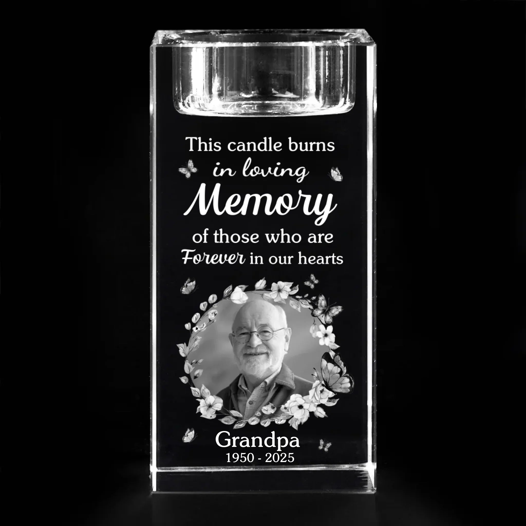 Custom Photo You Stay Forever In Our Hearts - Memorial Personalized Custom 3D Crystal Photo Laser Engraved, Crystal Candle Holder - Sympathy Gift For Family Members