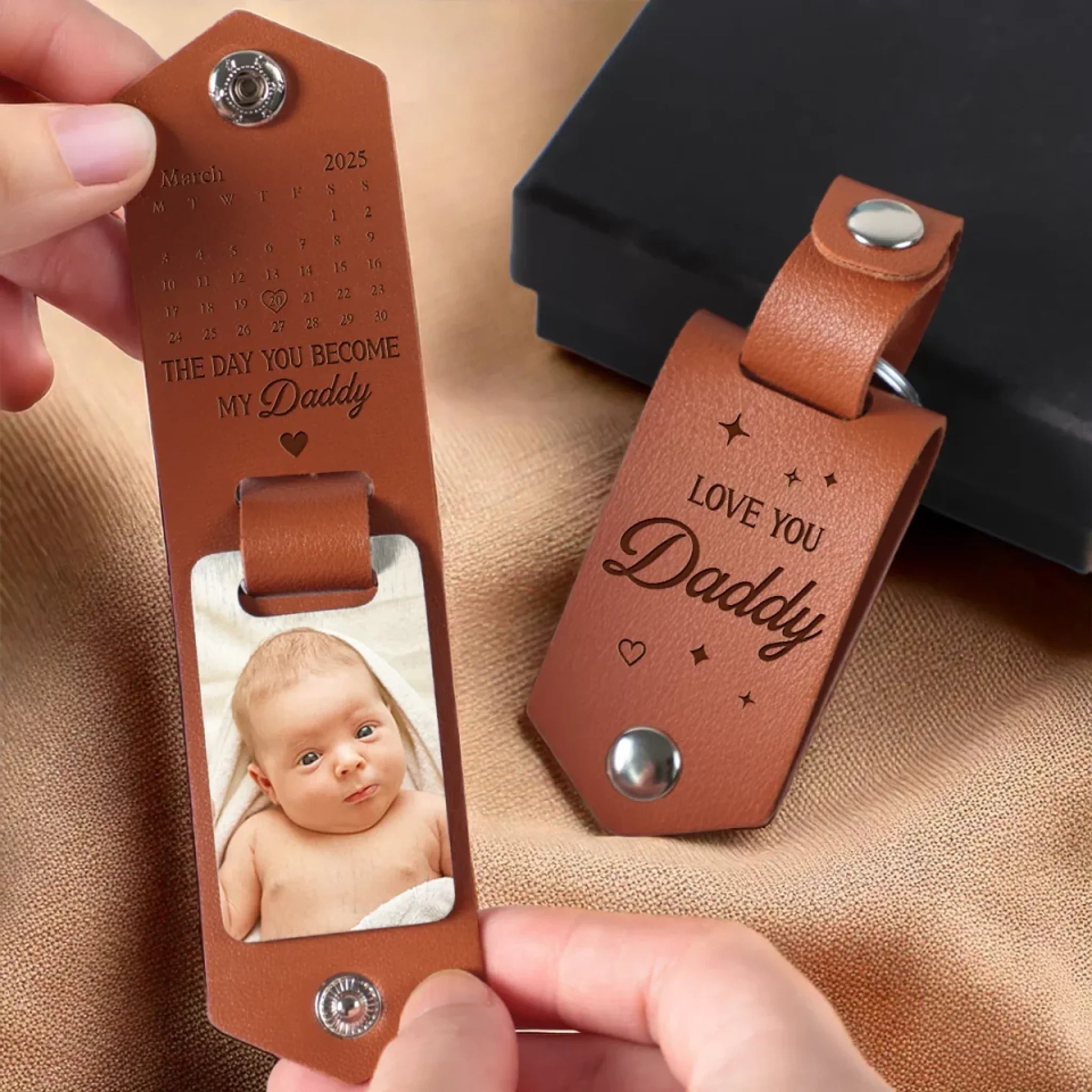 Custom Photo Come Home Safe To Us - Family Personalized Custom Engraved Leather Keychain - Father's Day, Baby Shower Gift, Gift For Dad, Grandpa, Baby Kids, Newborn Baby