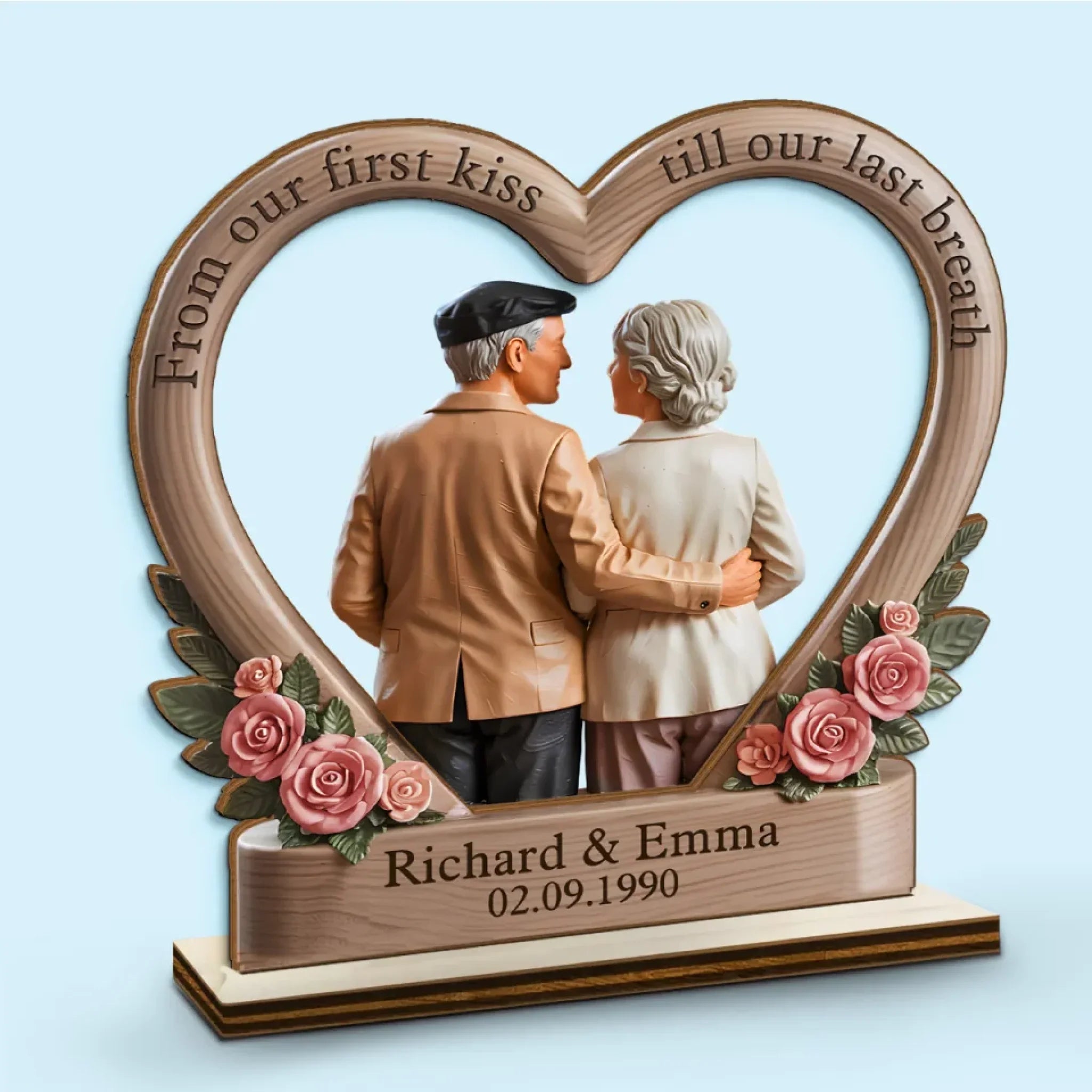 From Our First Kiss Till Our Last Breath - Couple Personalized Custom Shaped 2-Layered Wooden Plaque With Flat Stand - House Warming Gift For Husband Wife, Anniversary