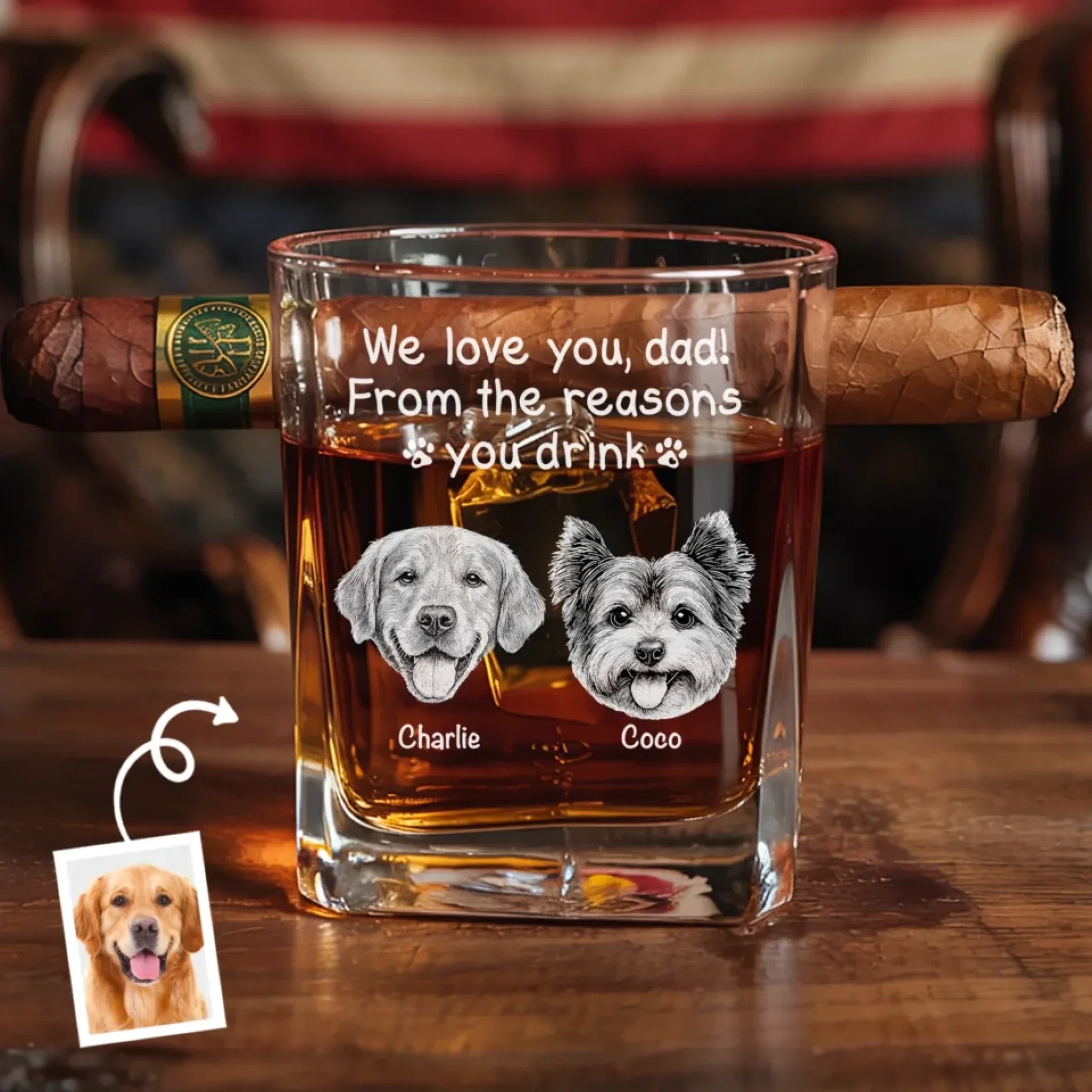 Custom Photo From The Reasons You Drink - Dog & Cat Personalized Custom Whiskey Glass With Cigarette Holder - Father's Day, Gift For Dad, Pet Owners, Pet Lovers
