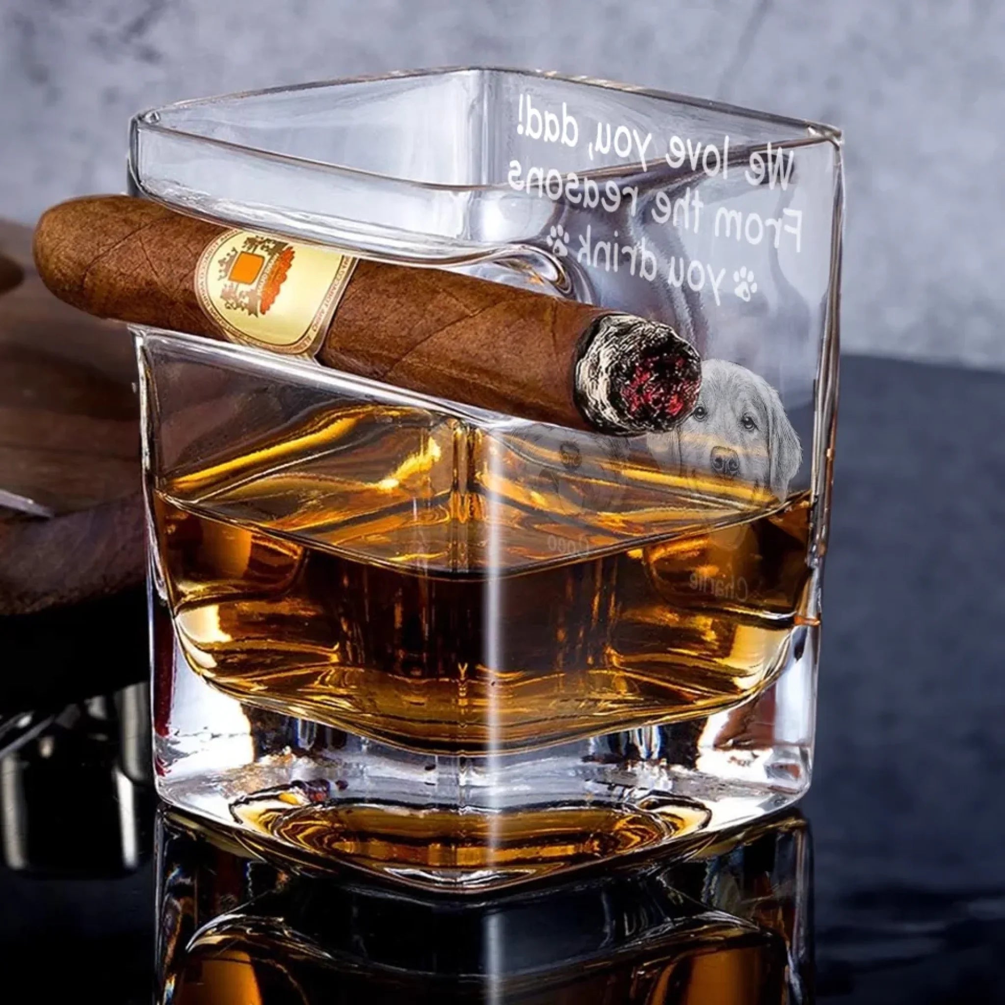 Custom Photo From The Reasons You Drink - Dog & Cat Personalized Custom Whiskey Glass With Cigarette Holder - Father's Day, Gift For Dad, Pet Owners, Pet Lovers