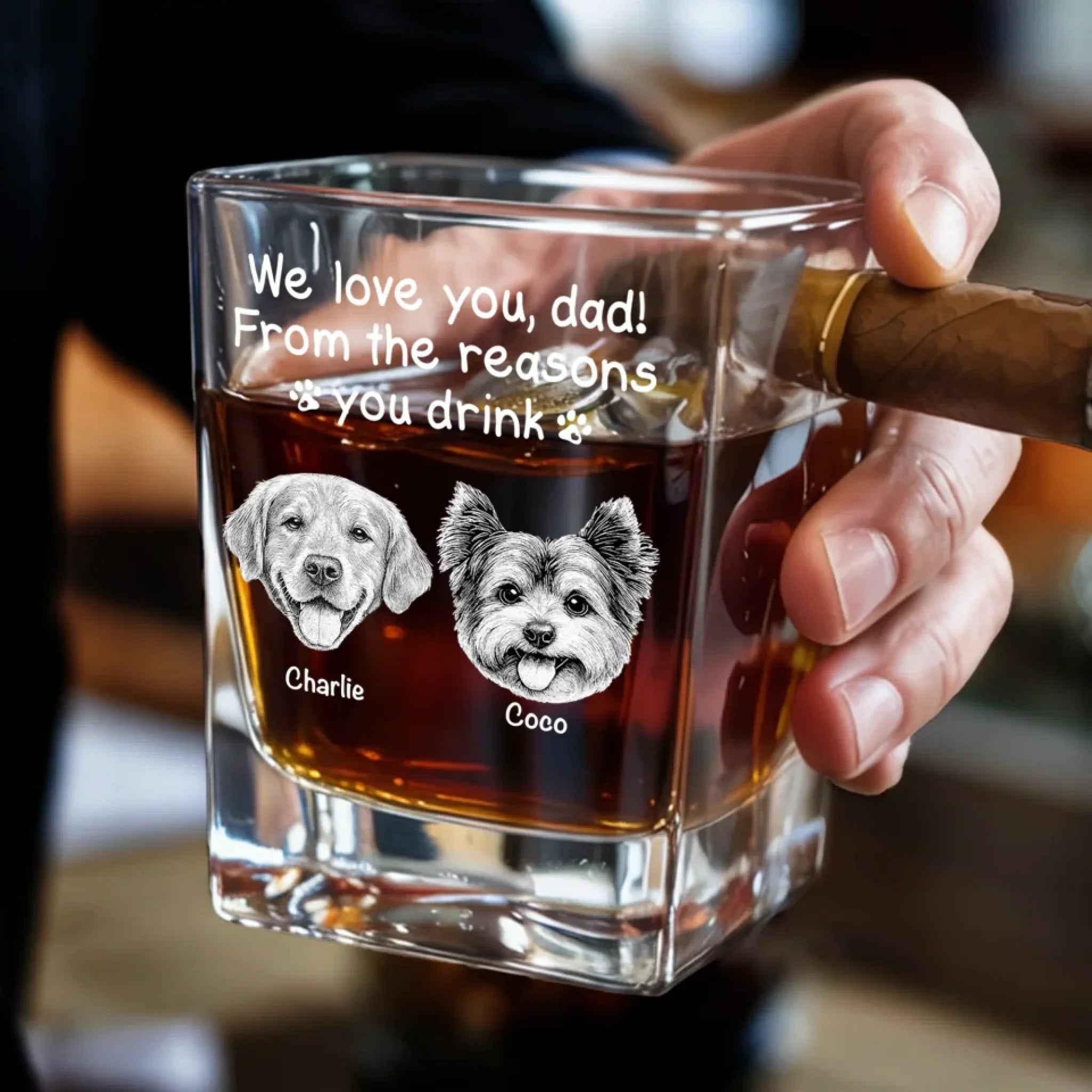 Custom Photo From The Reasons You Drink - Dog & Cat Personalized Custom Whiskey Glass With Cigarette Holder - Father's Day, Gift For Dad, Pet Owners, Pet Lovers