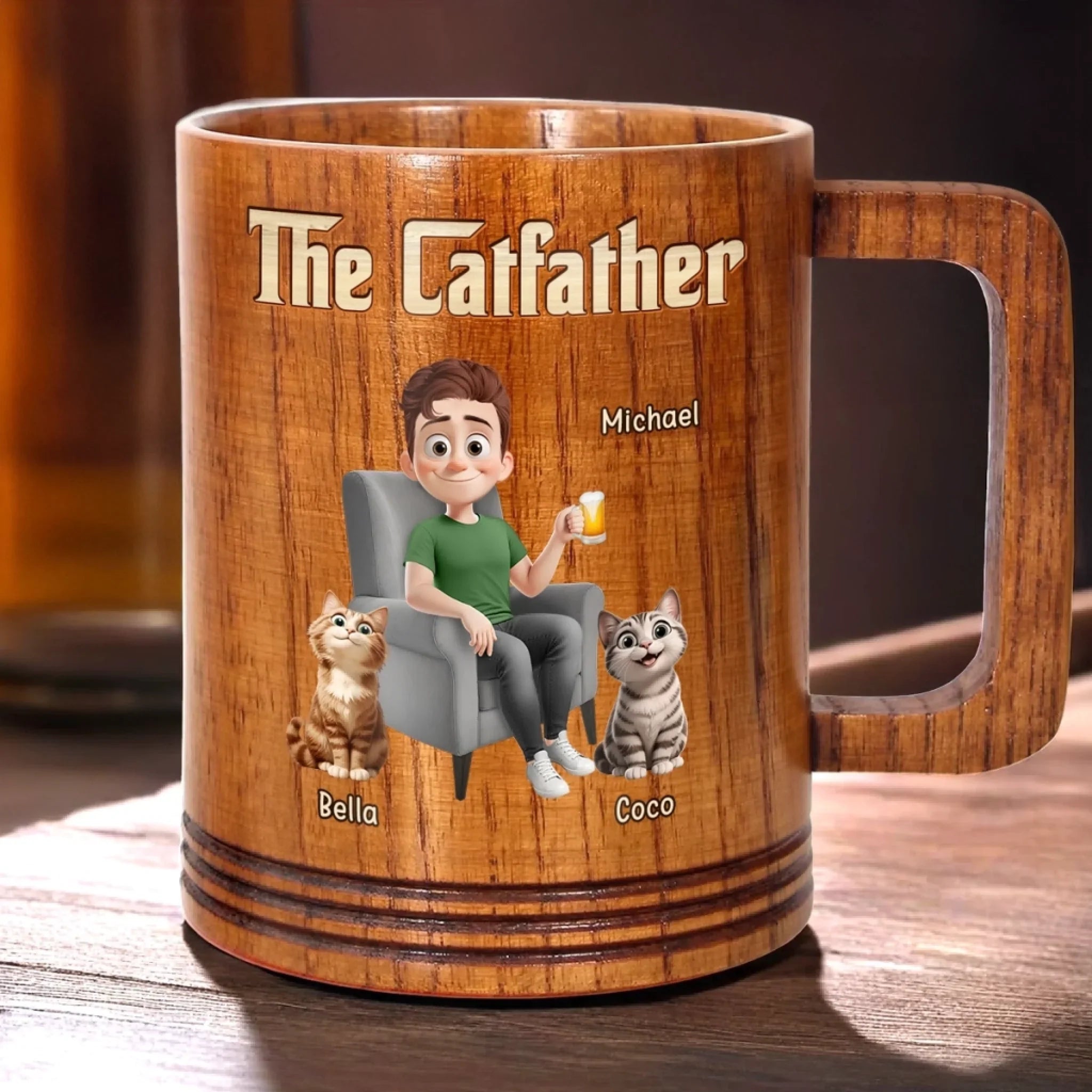The Catfather, Chosen By My Cat - Cat Personalized Custom Wooden Mug - Father's Day, Gift For Dad, Pet Owners, Pet Lovers