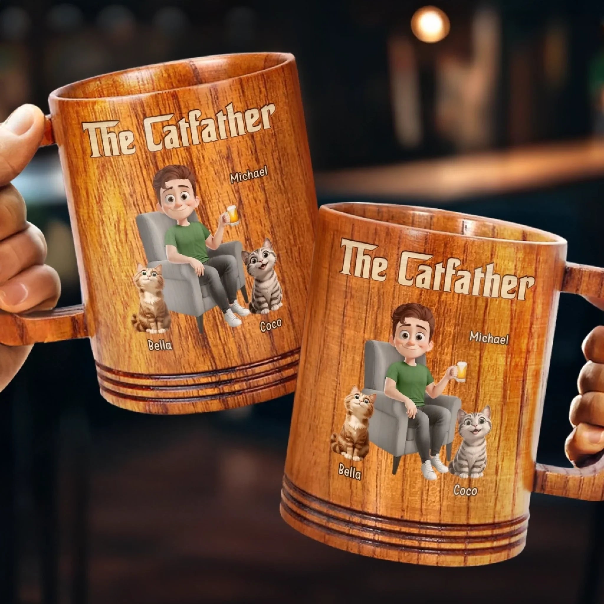 The Catfather, Chosen By My Cat - Cat Personalized Custom Wooden Mug - Father's Day, Gift For Dad, Pet Owners, Pet Lovers