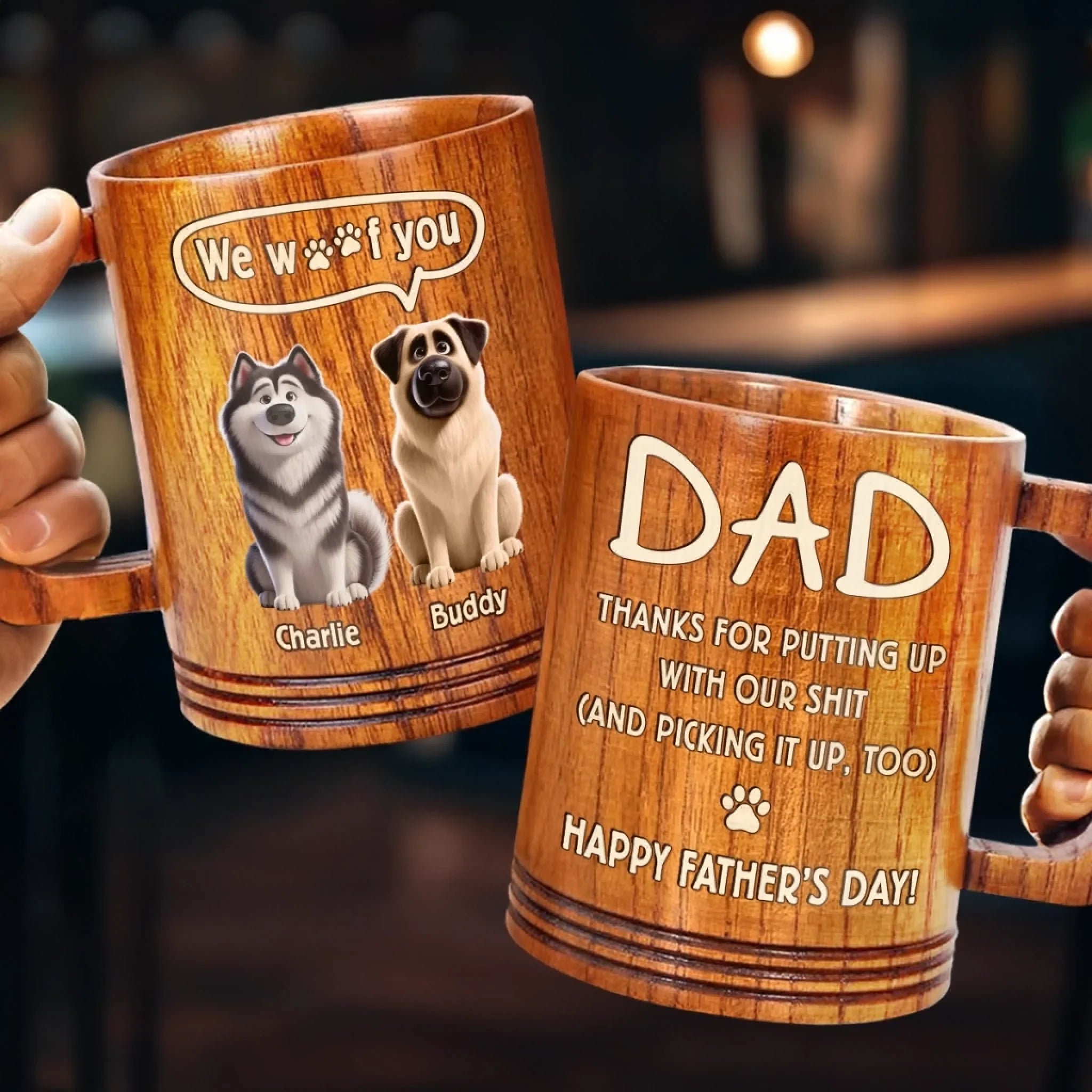 Thanks For Dealing With Our Mess, Dad - Dog Personalized Custom Wooden Mug - Father's Day, Gift For Dad, Pet Owners, Pet Lovers