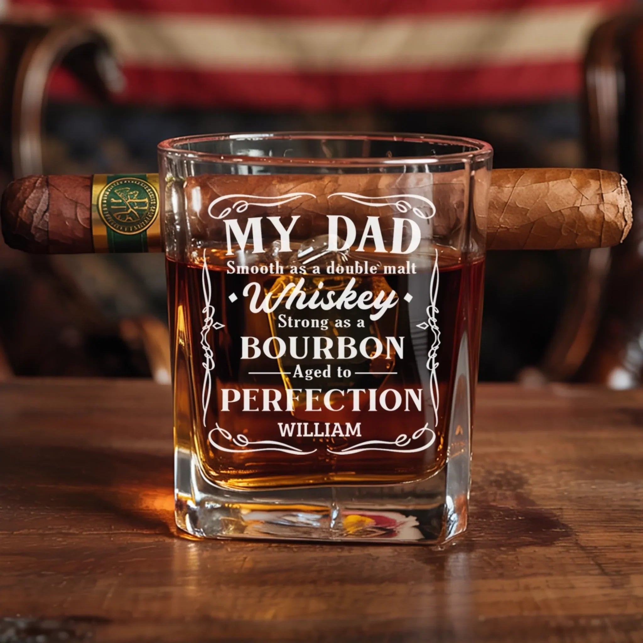 Bourbon’s Got Flavor, But Dad’s Got Soul - Family Personalized Custom Whiskey Glass With Cigarette Holder - Father's Day, Gift For Dad, Grandpa