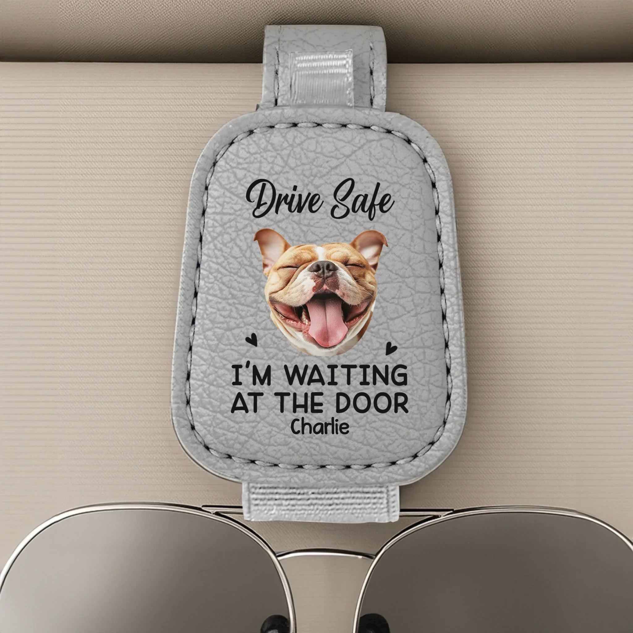 Custom Photo Leather Car Visor - Personalized Birthday Gifts For Dog Cat Lovers, Dog Dad And Mom, Cat Owners - We're Waiting At The Door