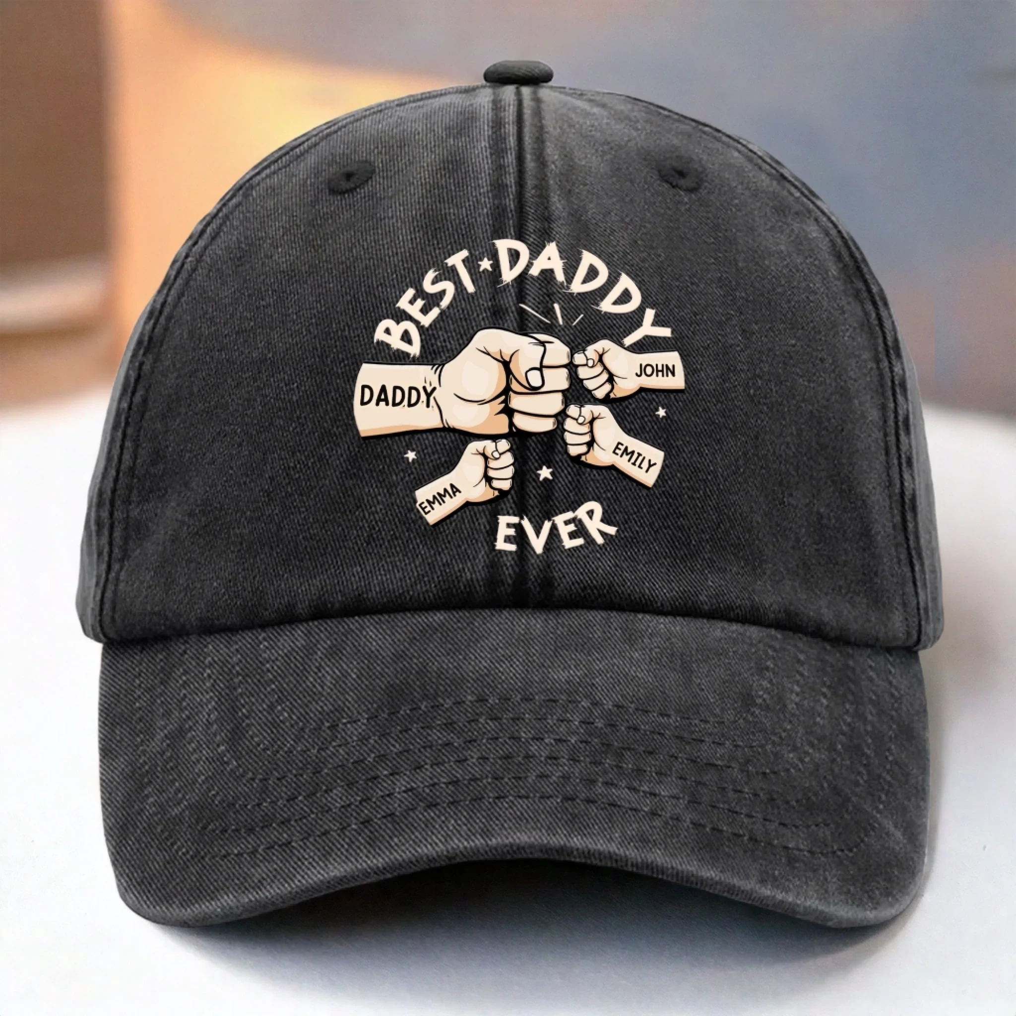 Tiny Fist, Big Love - Family Personalized Custom Vintage Washed Denim Baseball Cap - Father's Day, Gift For Dad, Grandpa