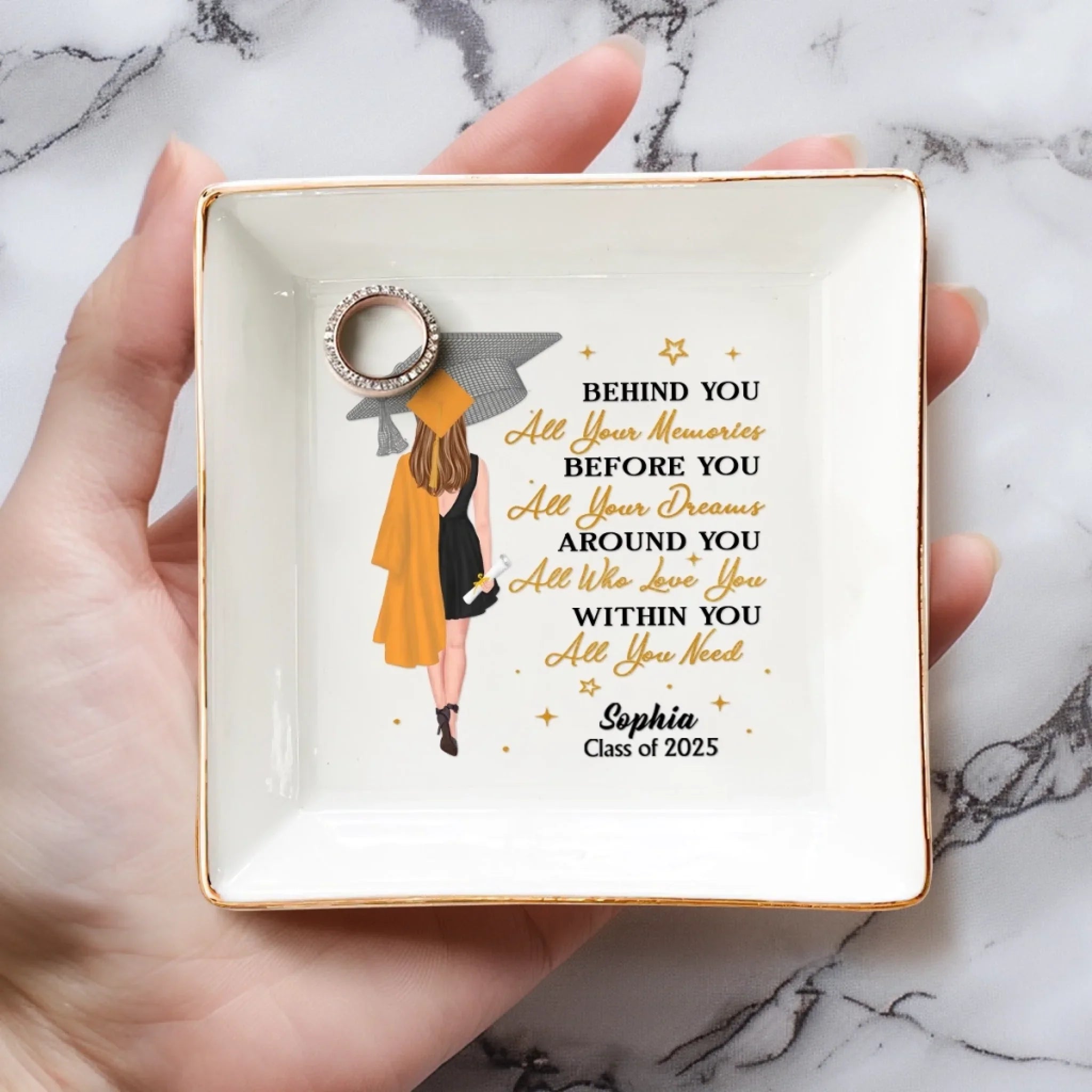 Started With A Dream, Ended With A Cap - Family Personalized Custom Jewelry Dish - Graduation Gift For Family Members, Siblings, Brothers, Sisters, Best Friends