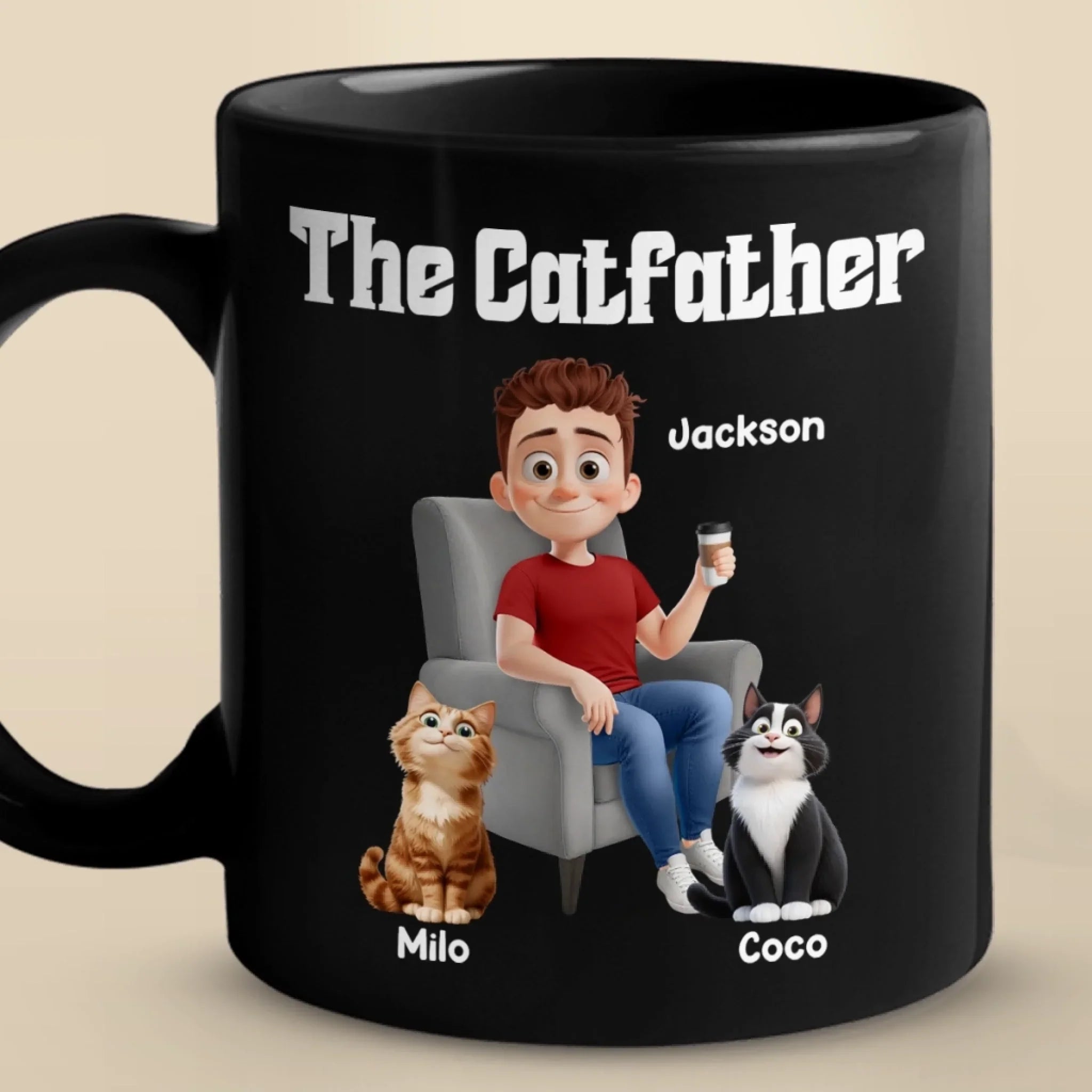 The Catfather - Cat Personalized Custom Black Mug - Father's Day, Gift For Dad, Pet Owners, Pet Lovers