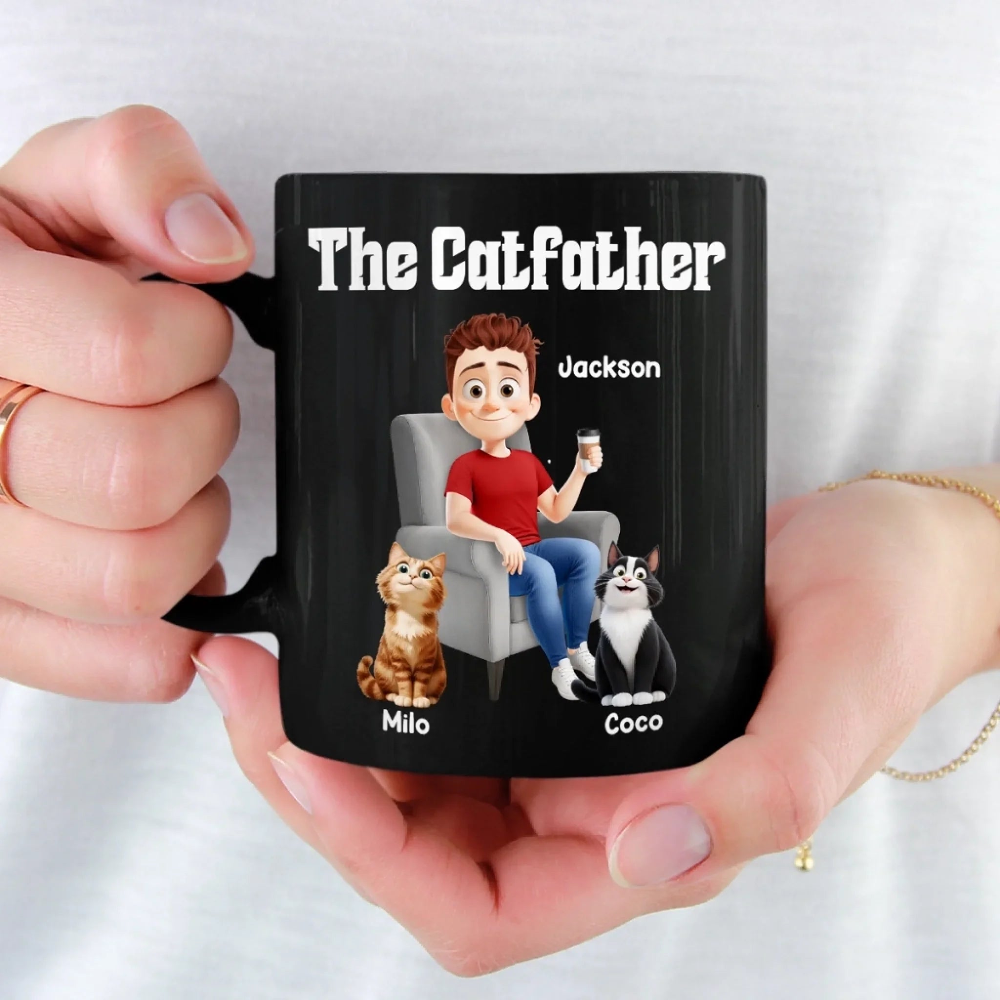 The Catfather - Cat Personalized Custom Black Mug - Father's Day, Gift For Dad, Pet Owners, Pet Lovers
