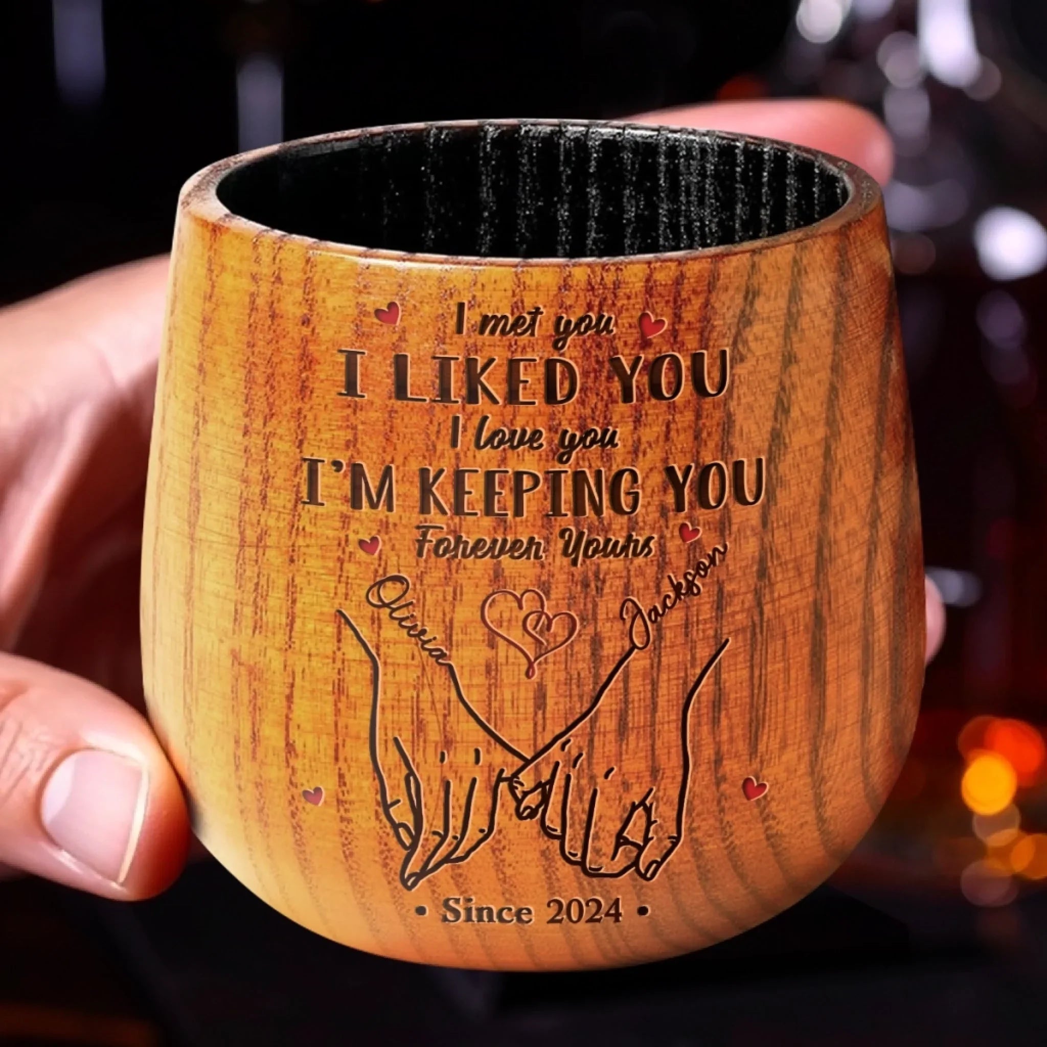 Just Us, Side By Side - Couple Personalized Custom Wooden Whiskey Glass - Gift For Husband Wife, Anniversary