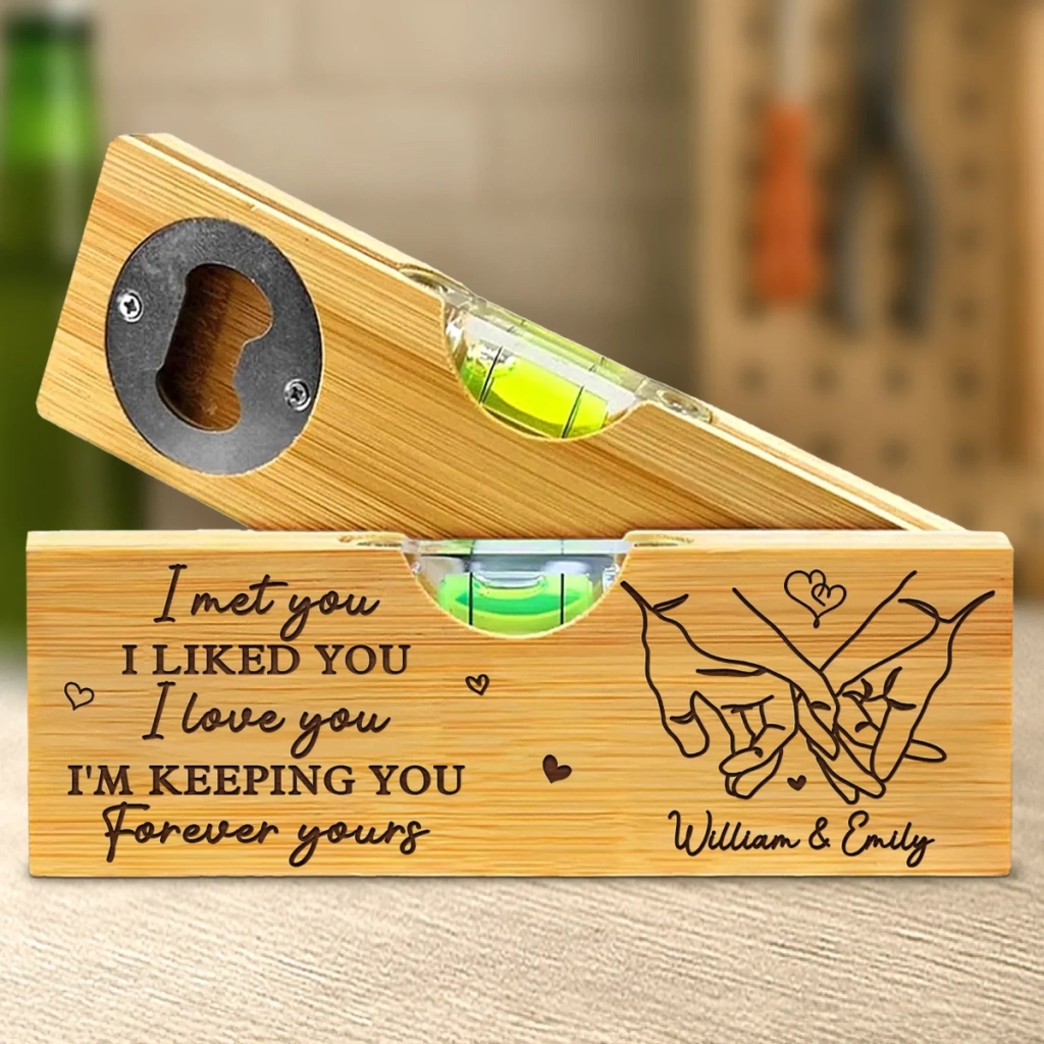 No Measure For Our Love - Couple Personalized Custom Engraved Wooden Bottle Opener With Built-in Spirit Level - Gift For Husband Wife, Anniversary