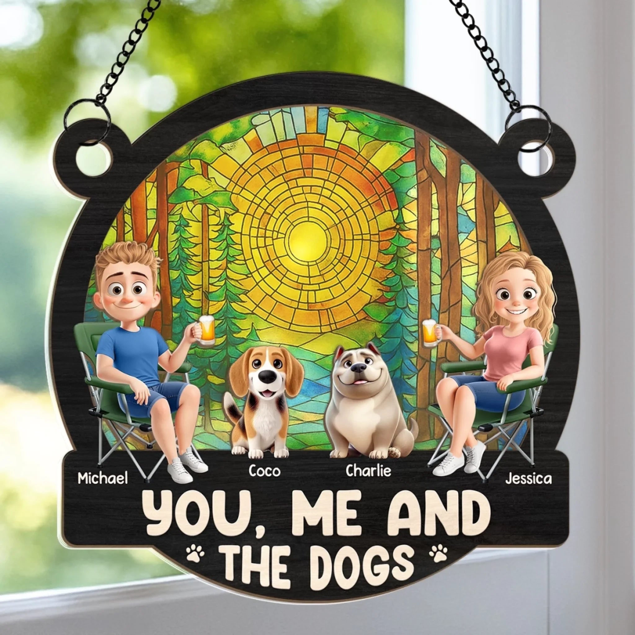 Custom Window Hanging Suncatcher Ornament - Personalized Anniversary Wedding Gifts For Husband And Wife, Dog Dad And Mom - You, Me And The Dog