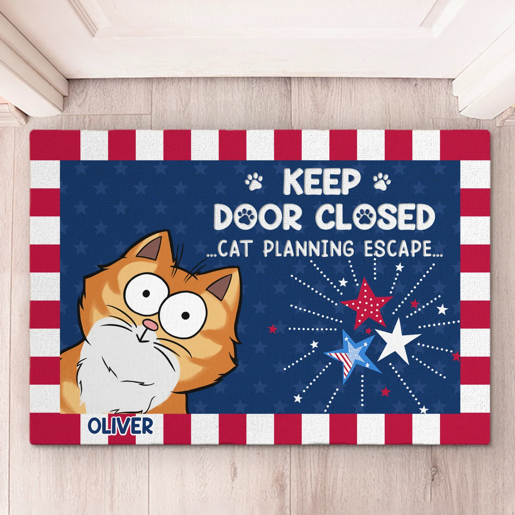 Custom Home Decor Decorative Mat - Personalized 4th Of July Gifts For Cat Lovers, Cat Mom And Dad - Watch Out, Someone Is Planning To Escape