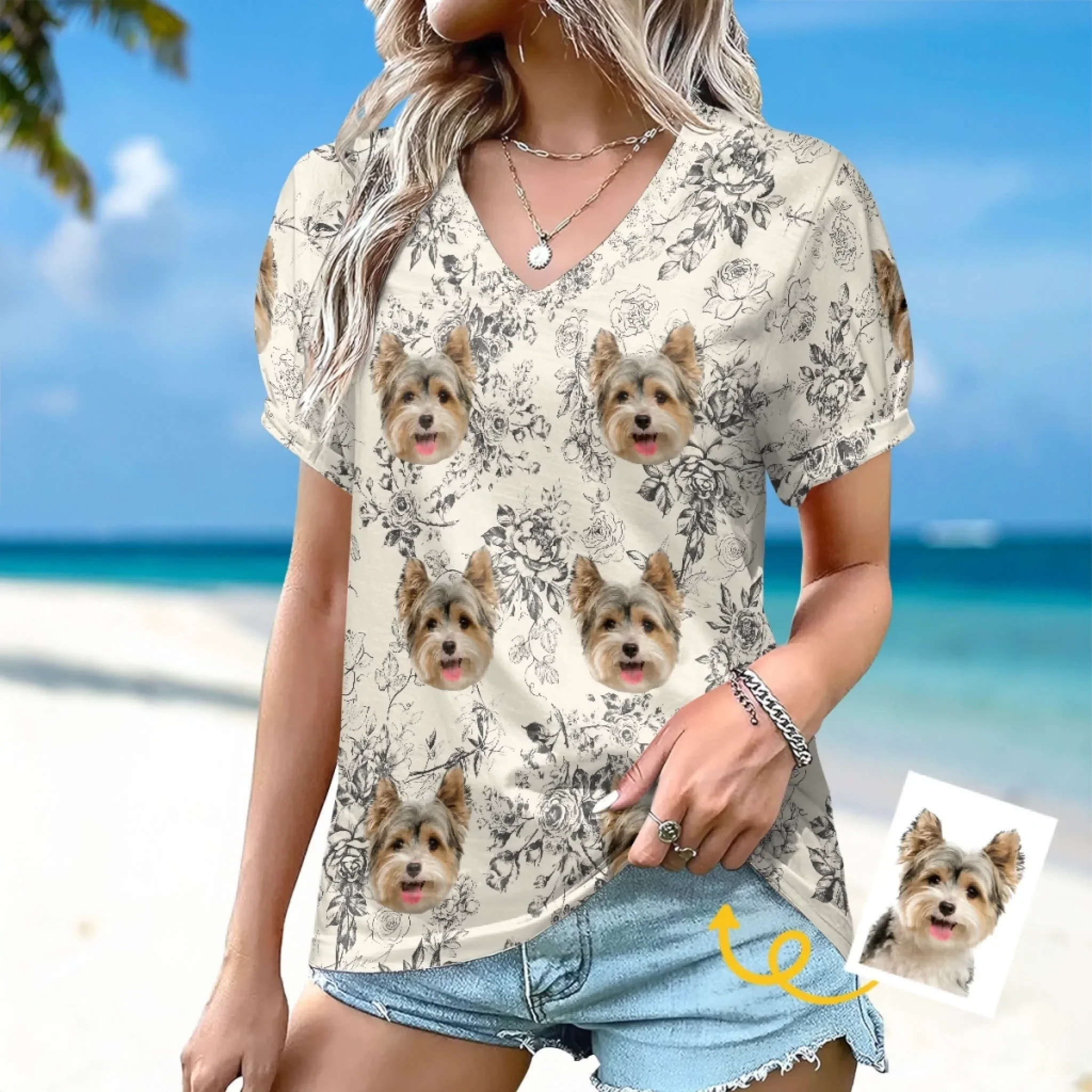 Custom Photo Puff Sleeve Shirt - Personalized Summer Vacation And Travel Gifts For Dog Cat Lovers, Dog Dad And Mom, Cat Owners - Pawsitive Vibes Only