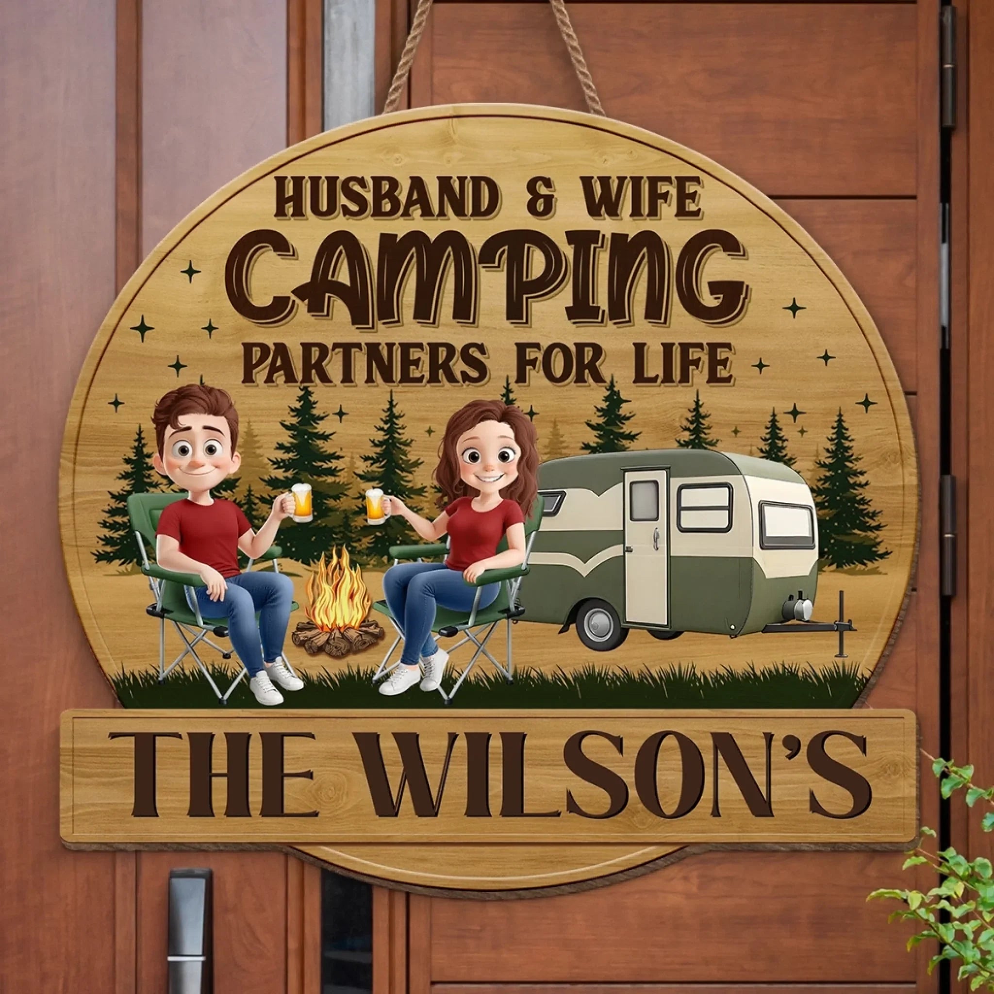 Custom Shaped Home Decor Wood Sign - Personalized Camping Gifts For Husband And Wife, Him And Her - Camping Partners For Life