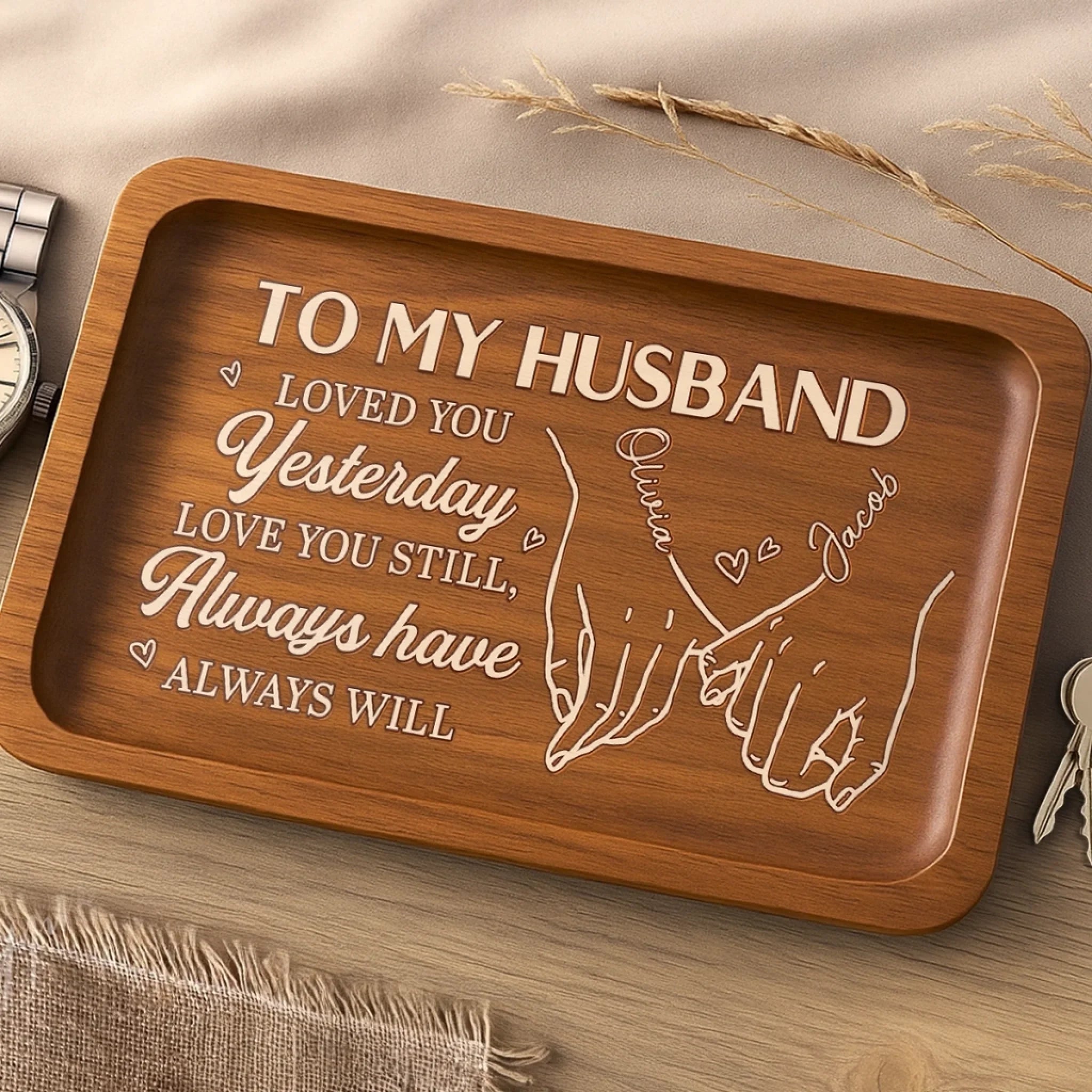 Custom Wooden Valet Tray - Personalized Anniversary Wedding Gifts For Husband And Wife, Him And Her - Thank You For Being My Forever, Couple Birthday Gifts For Him And Her