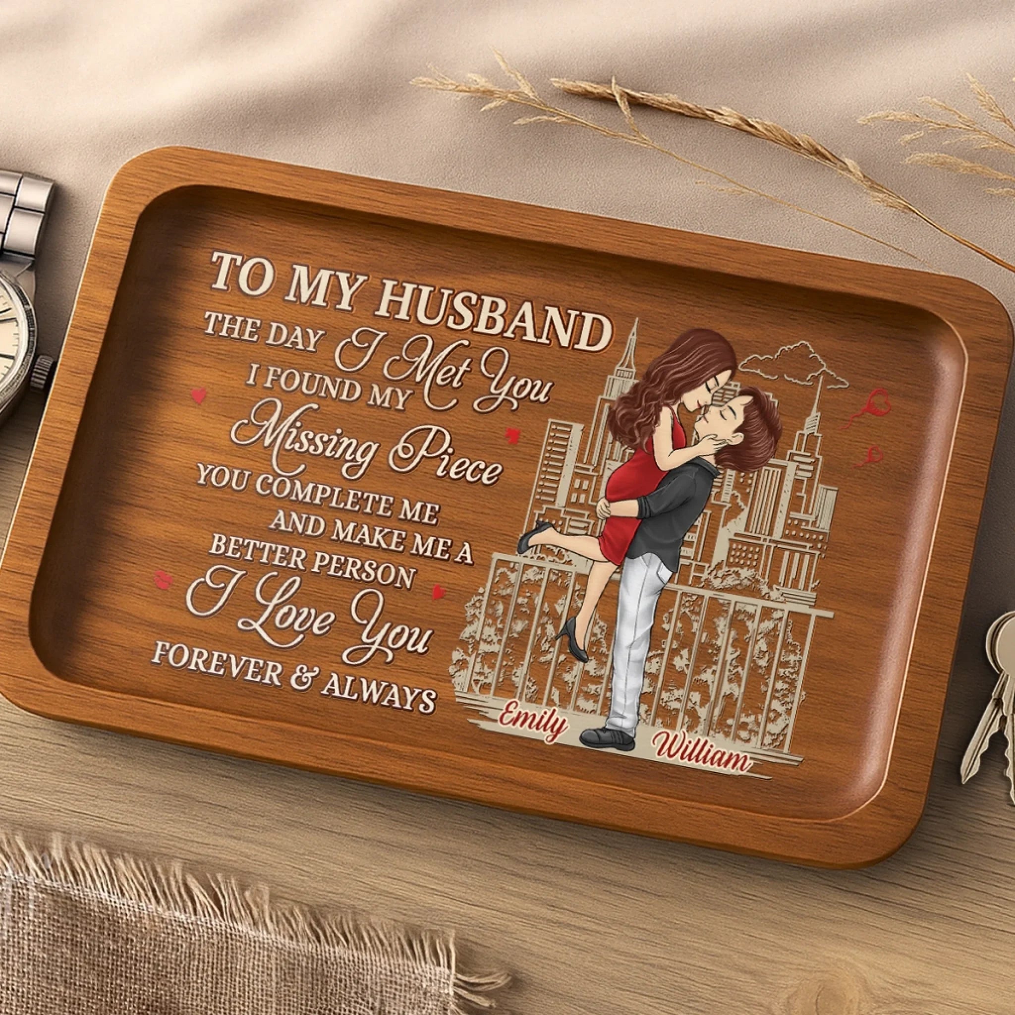 Custom Wooden Valet Tray - Personalized Anniversary Wedding Gifts For Husband And Wife, Him And Her - Love You More Everyday, Couple Birthday Gifts For Him And Her