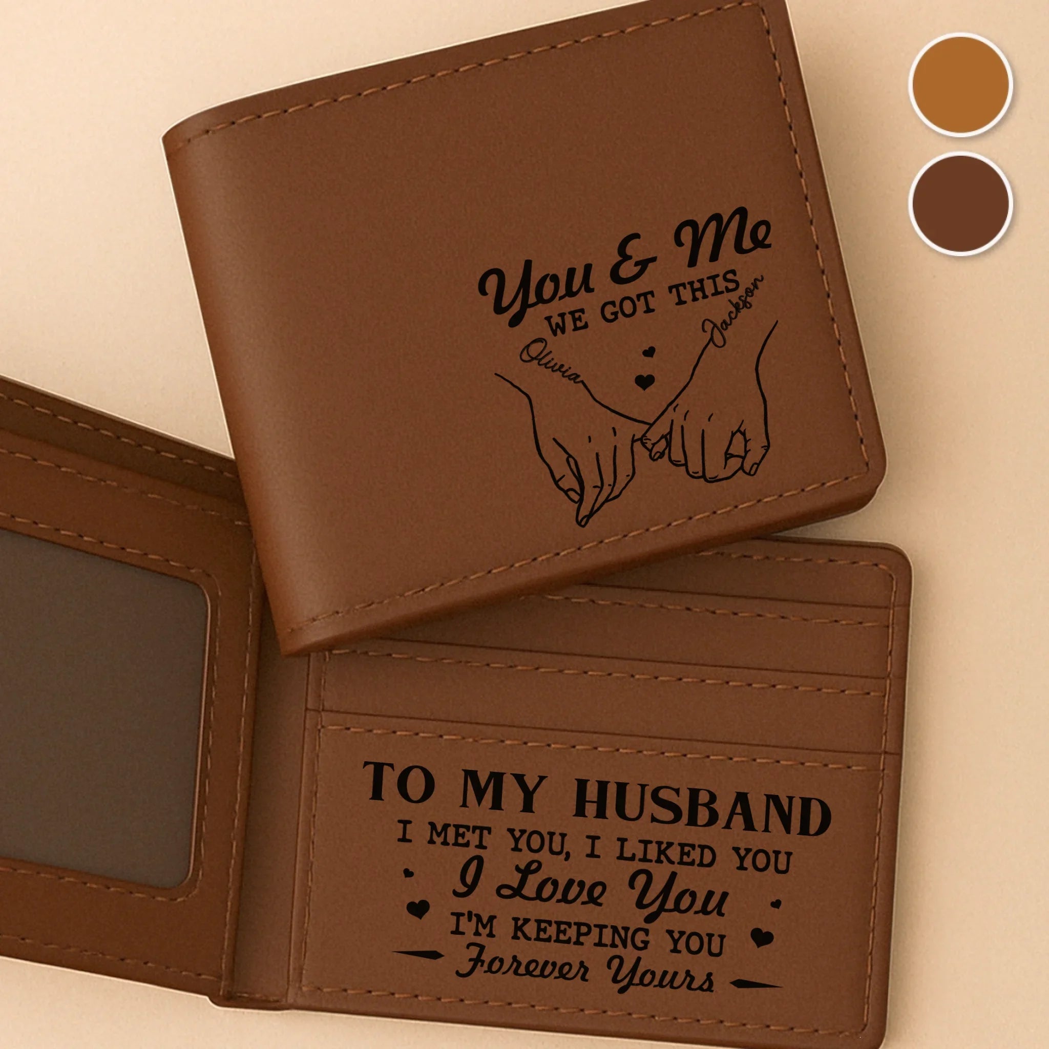 Custom Engraved Bifold Leather Wallet Two Sides - Personalized Anniversary Wedding Gifts For Husband And Wife, Him And Her - Love You And Forever Yours