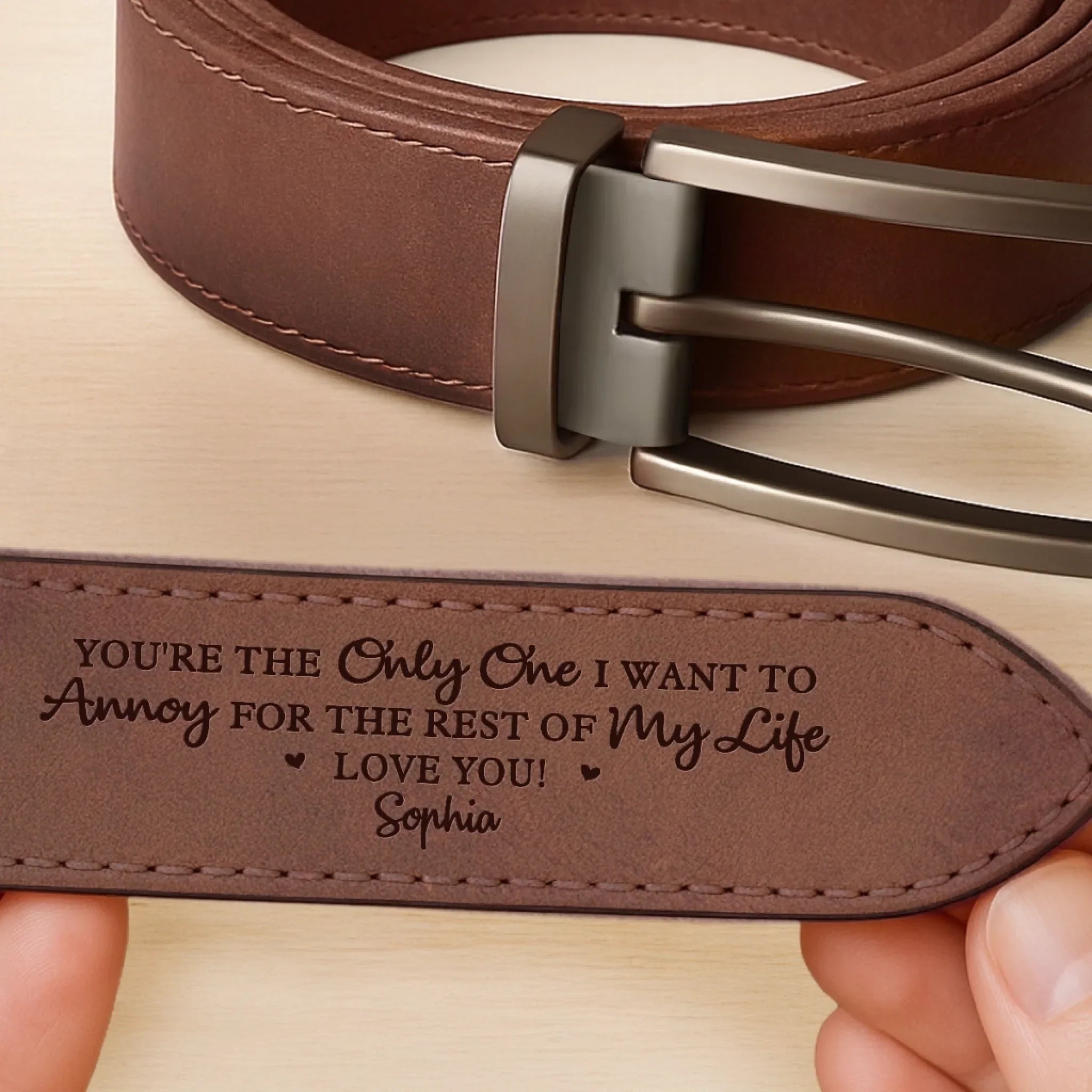 Custom Double-Sided Engraved Leather Belt - Personalized Anniversary Wedding Gifts For Husband And Wife, Him And Her - Holding On To You Always