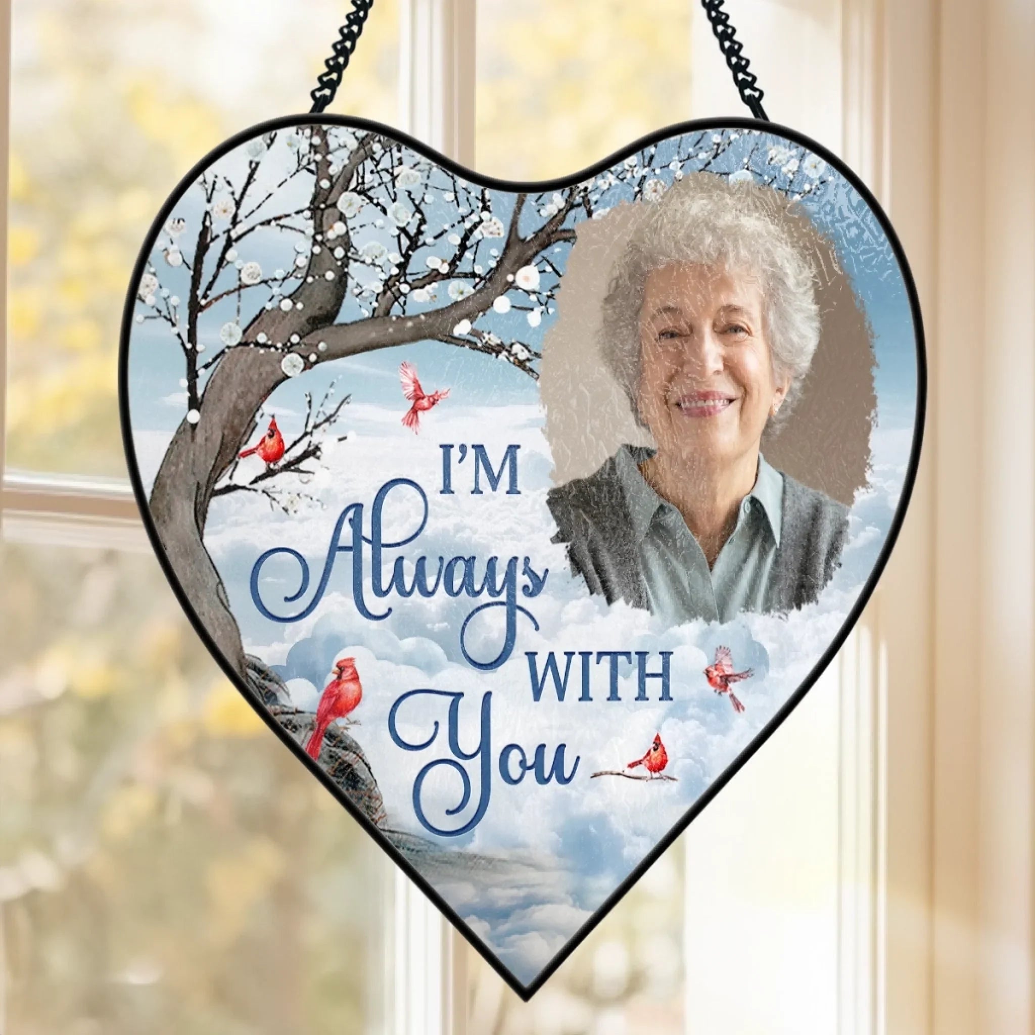 Custom Photo Heart-Shaped Stained Glass Window Suncatcher - Personalized Memorial Sympathy Gifts For Loss Of Mom, Dad - Heavenly Love Fills Every Corner