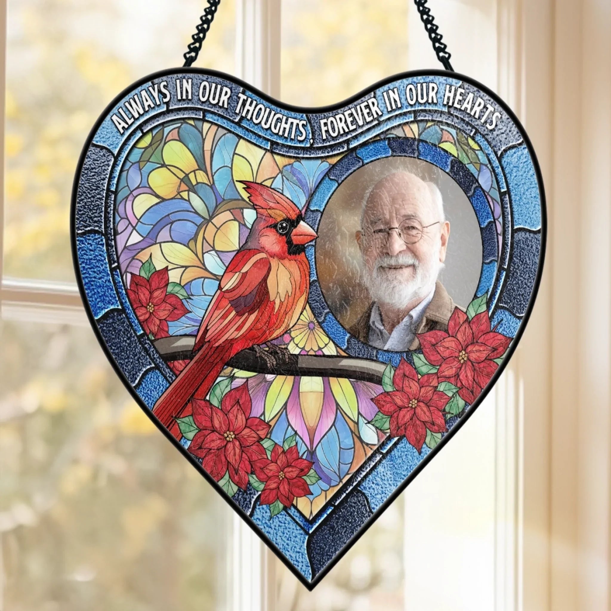 Custom Photo Heart-Shaped Stained Glass Window Suncatcher - Personalized Memorial Sympathy Gifts For Loss Of Mom, Dad - Always In Our Thoughts