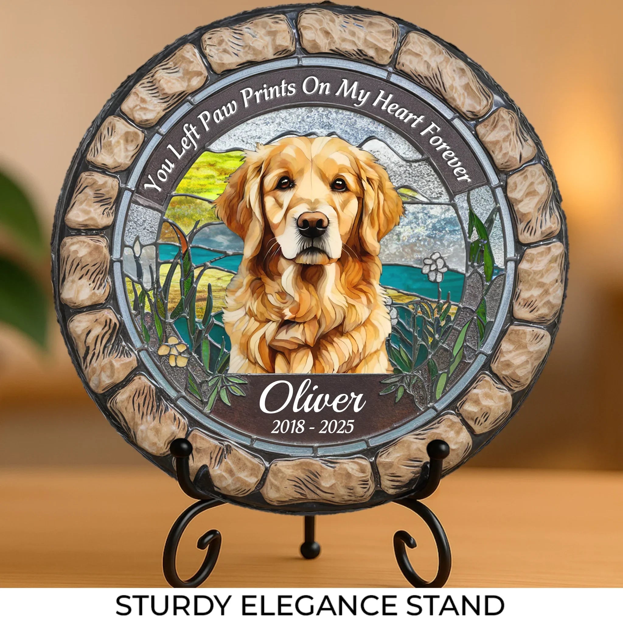 Custom Photo You Left Paw Prints On My Heart Forever - Memorial Personalized Custom 3D Mosaic Faux Stained Glass Print Round Shaped Memorial Stone - Sympathy Gift For Pet Owners, Pet Lovers