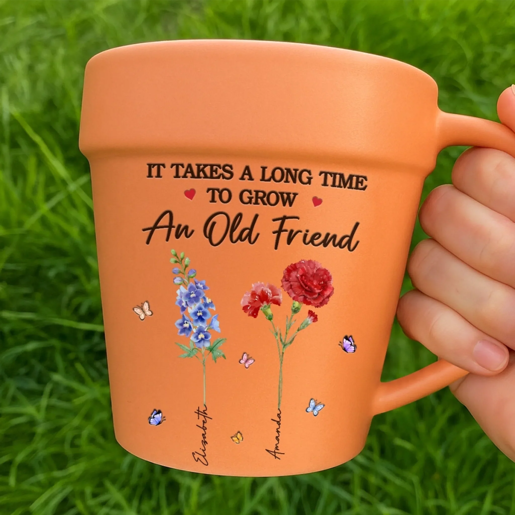 Custom Plant Pot Ceramic Mug - Personalized Best Friend Birthday Gifts For Women - It Takes A Long Time To Grow An Old Friend - Flower Pot Mug