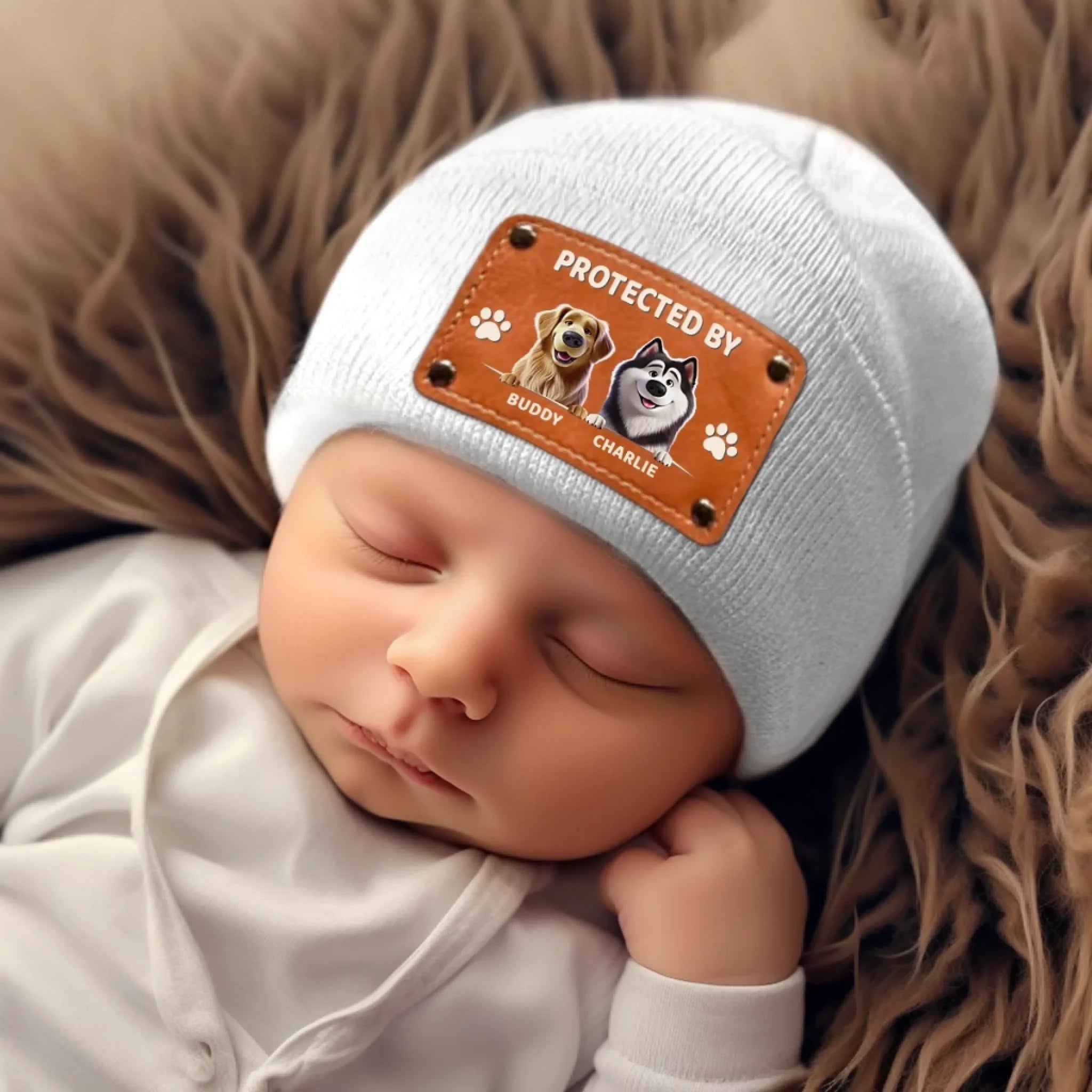 Custom Baby Beanie Hat - Personalized Baby Shower, Gender Reveal Gifts For New Moms, New Dads, New Parents, Dog Dad And Mom - Nap Safe, Dogs On Watch