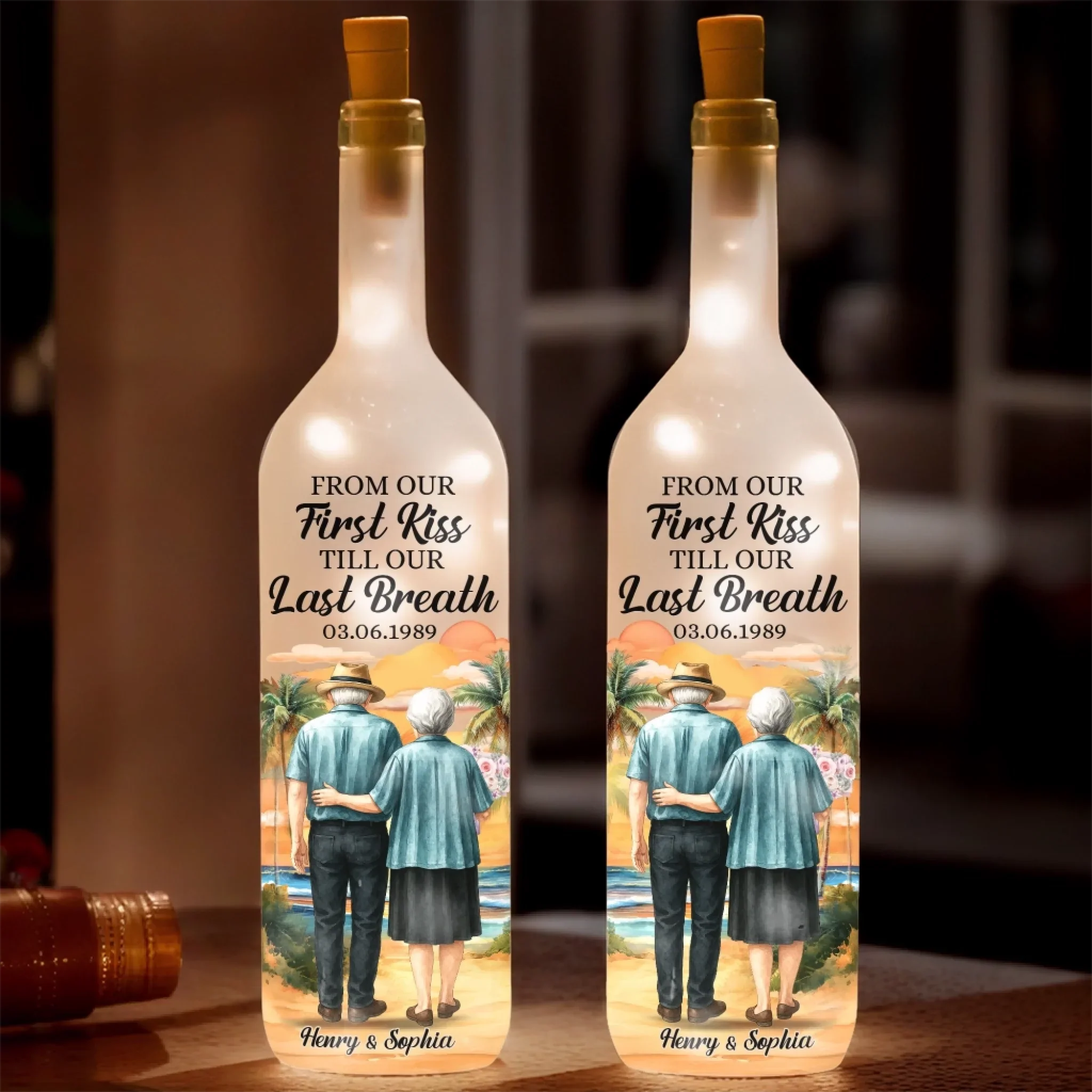 Custom Bottle Lamp - Personalized Anniversary Wedding Gifts For Husband And Wife, Him And Her - Together From First Kiss To Always