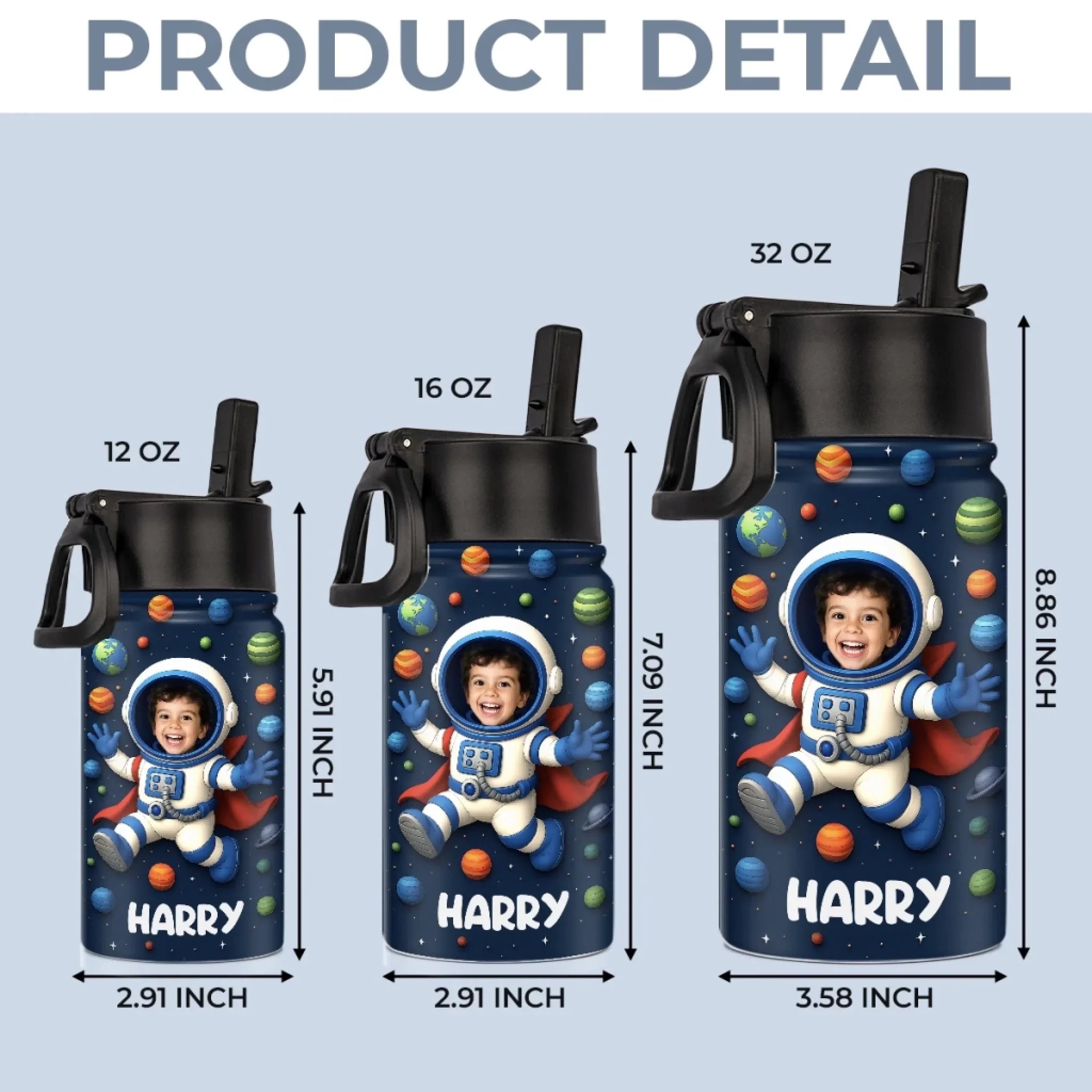 Custom Photo 3D Inflated Effect Printed Kids Water Bottle - Personalized Back To School Gifts For Kids - Dreams Launch Beyond The Stars