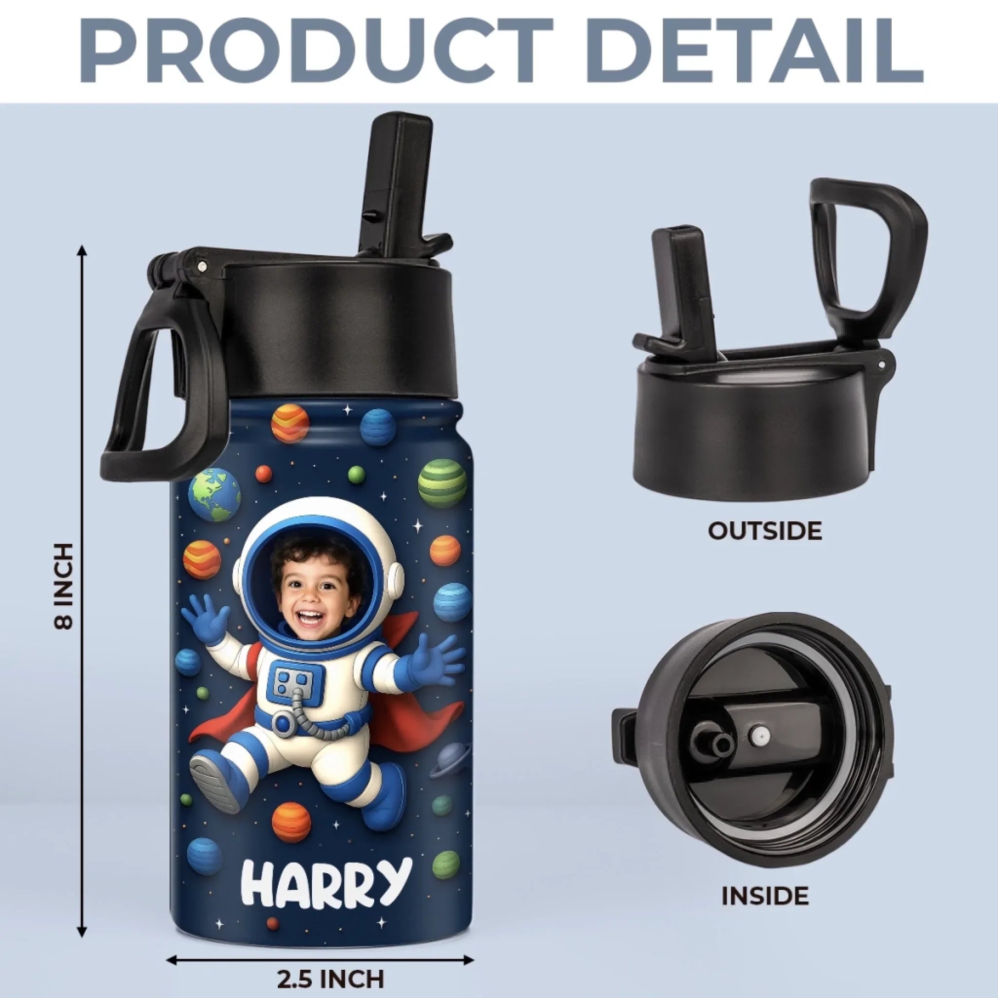 Custom Photo 3D Inflated Effect Printed Kids Water Bottle - Personalized Back To School Gifts For Kids - Dreams Launch Beyond The Stars