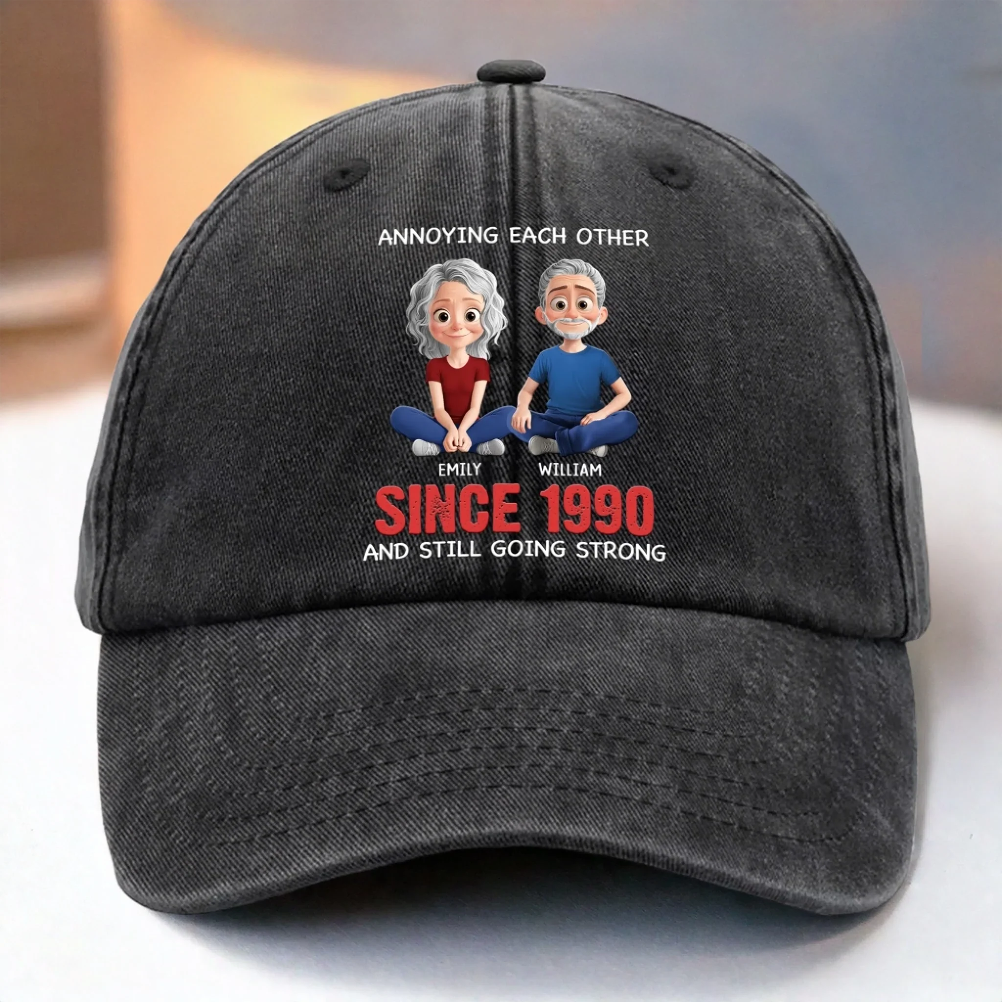 Custom Vintage Washed Denim Baseball Cap - Personalized Anniversary Wedding Gifts For Husband And Wife, Him And Her - Cheers To Forever Bickering