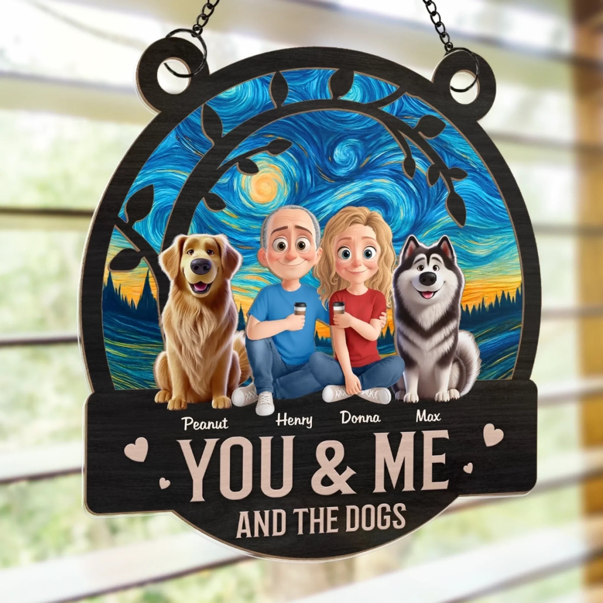 Happiness Is You, Me And The Dog - Couple Personalized Window Hanging Suncatcher - Gift For Husband Wife, Anniversary, Pet Owners, Pet Lovers