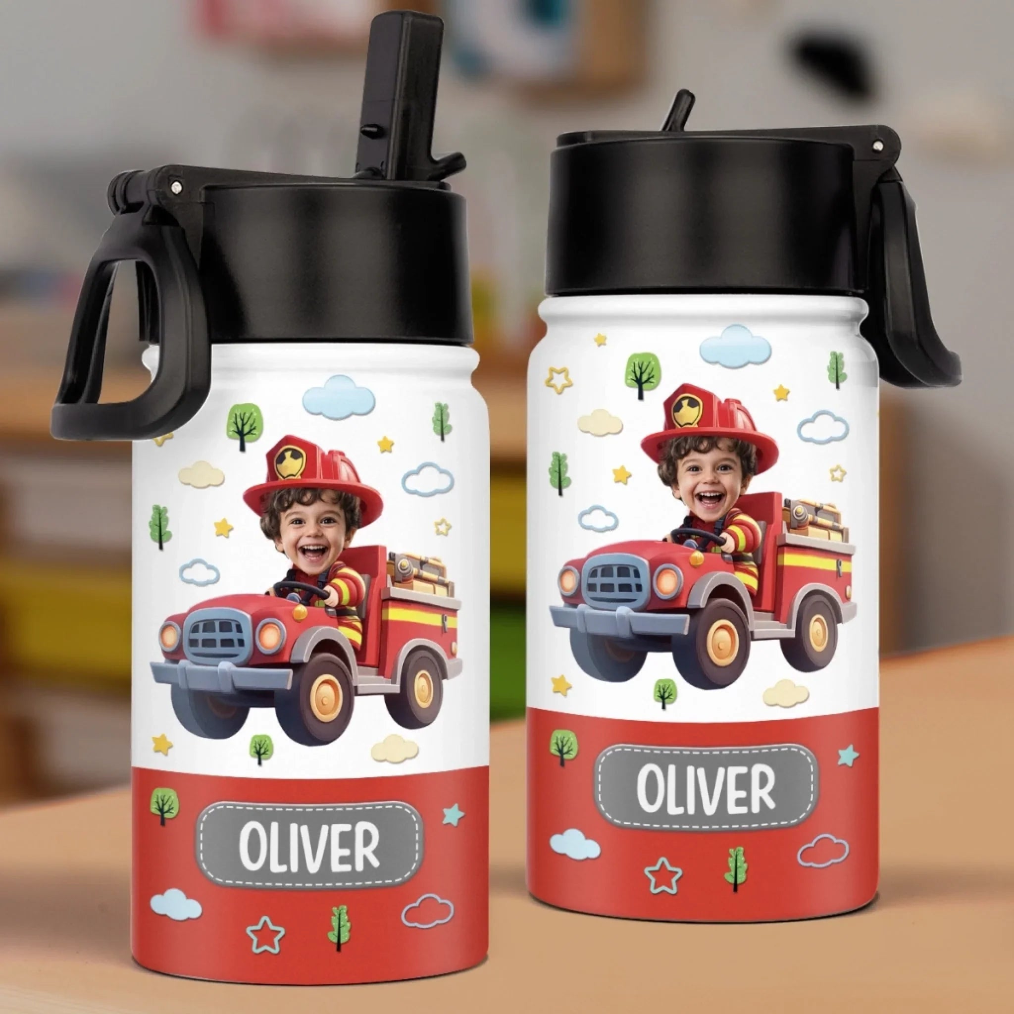 Custom Photo Kids Backpack, Water Bottle, Lunch Bag - Personalized Back To School Gifts For Kids - Ride The Firetruck To School
