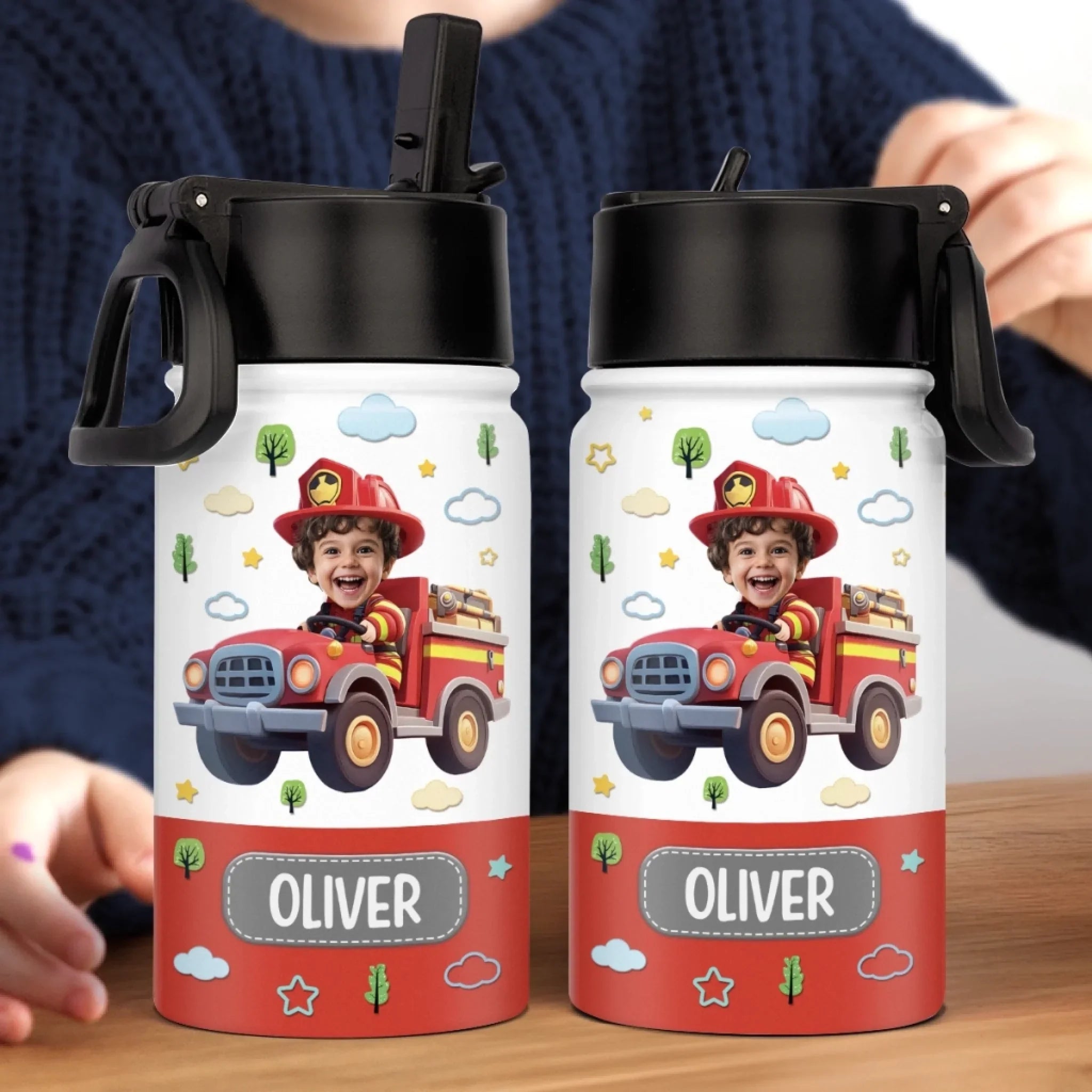 Custom Photo Kids Backpack, Water Bottle, Lunch Bag - Personalized Back To School Gifts For Kids - Ride The Firetruck To School