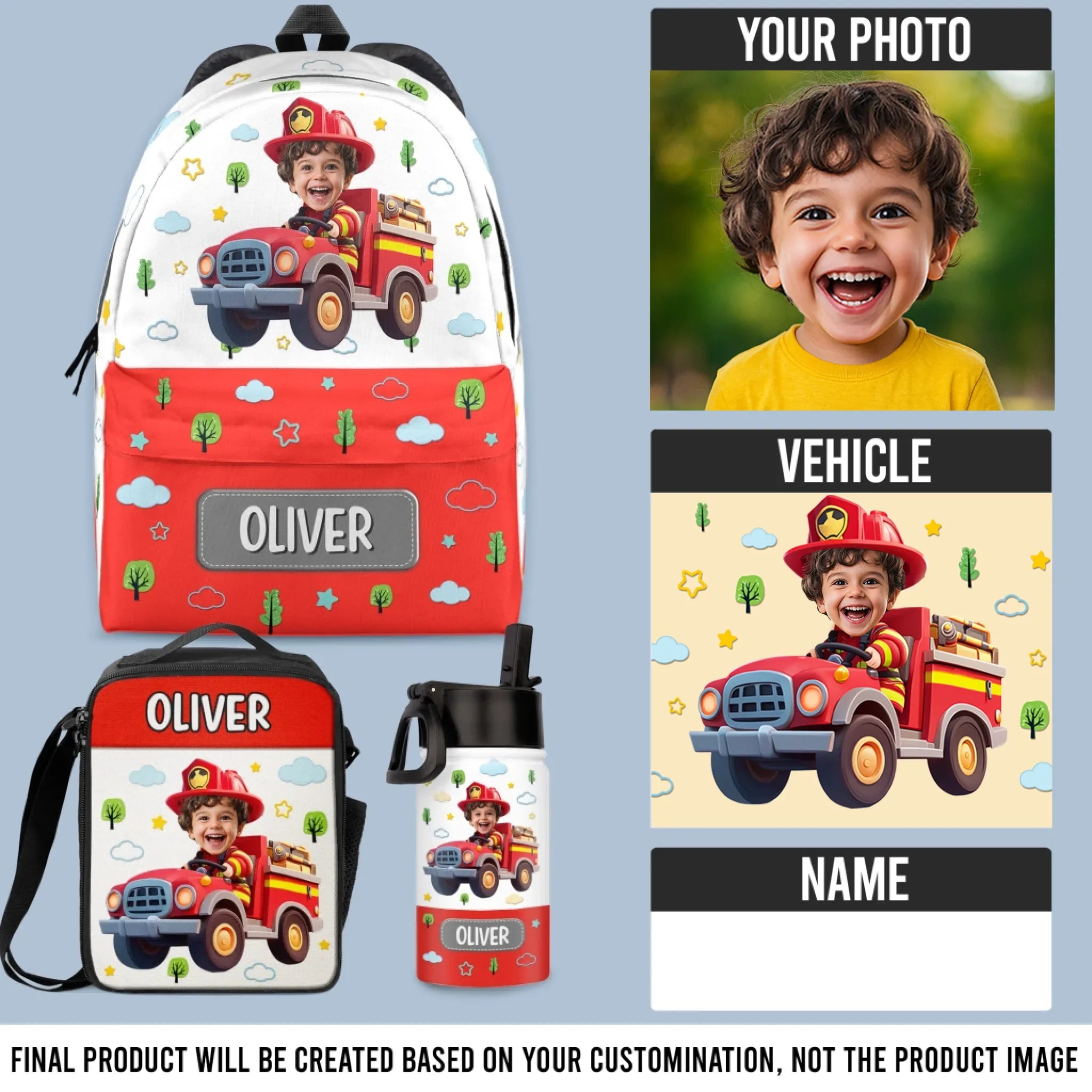 Custom Photo Kids Backpack, Water Bottle, Lunch Bag - Personalized Back To School Gifts For Kids - Ride The Firetruck To School